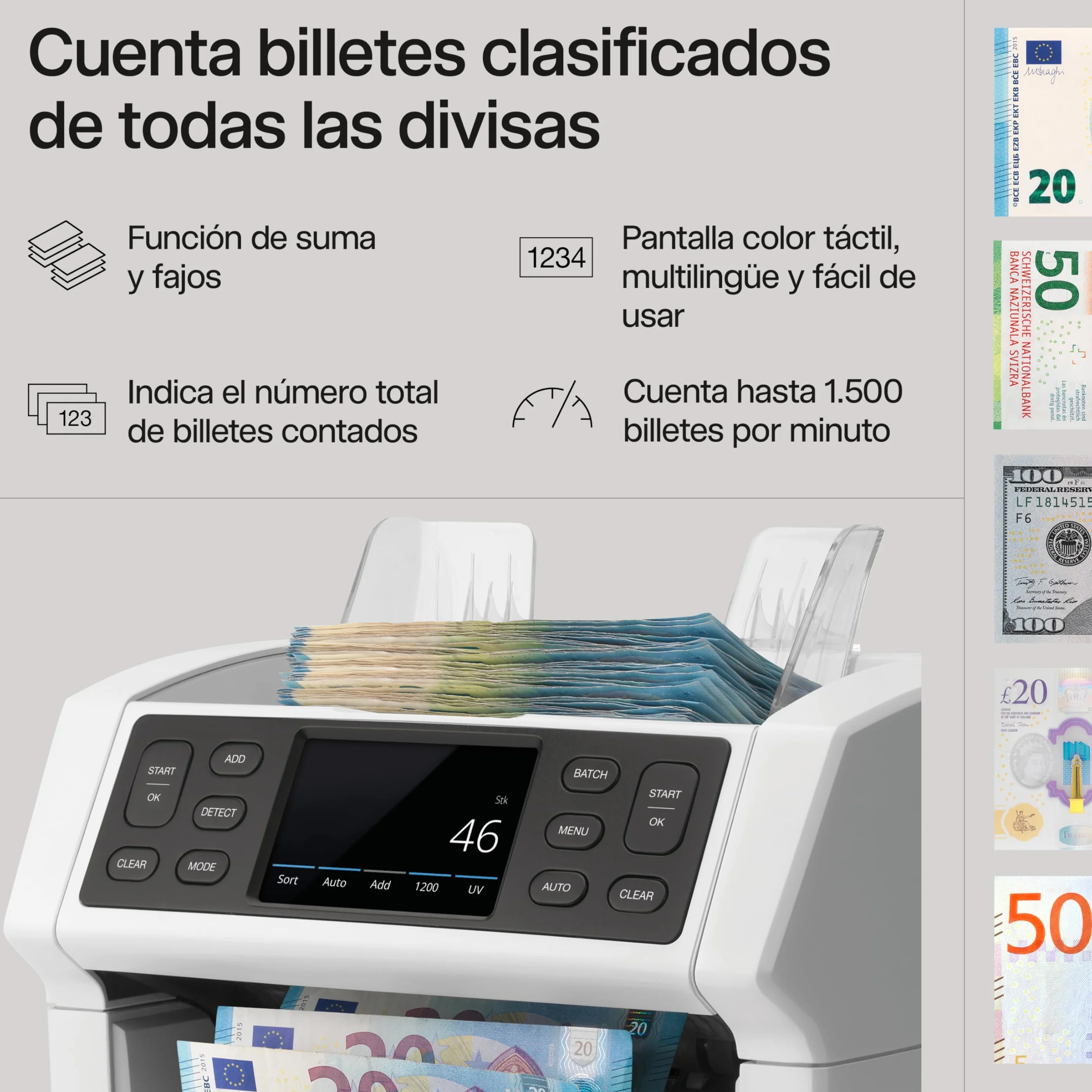 Safescan 2850 Contadora de billetes clasificados detectora de billetes falsos 3 puntos máquina contar billetes interfaz multilingüe