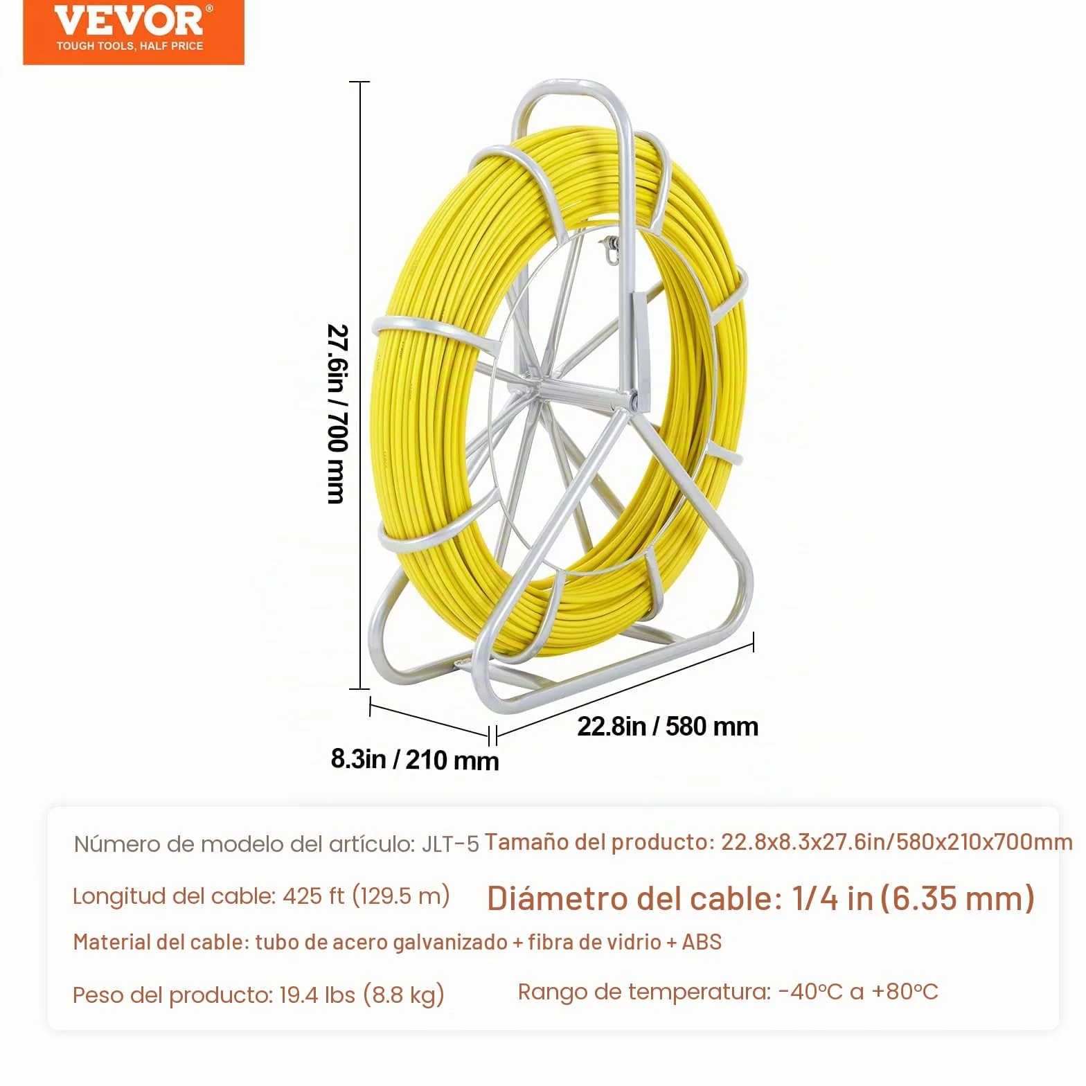 VEVOR Cinta de Fibra de Vidrio Longitud de 129,5 m 6,35 mm Tirando de Aguja Electricista de Alambre de Cable Eléctrico Extractor de Conducto Carrete de Acero de Apoyo 3 Cabezas de Tracción para Pared