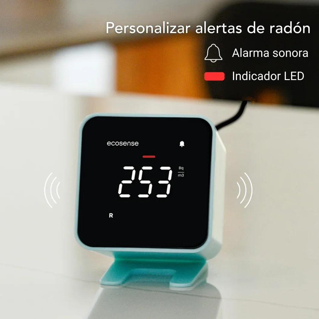 Ecosense EB100 EcoBlu, Detector de radón doméstico, captura y visualización de resultados cada 10 minutos, monitoreo continuo a corto y largo plazo, fácil de usar