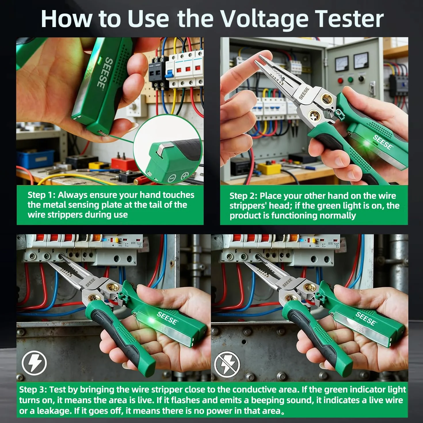 8 en 1 - Separador de alambre para cortar y tirar de cables, tijeras de cable, alicates de probador de voltaje, 12 V a 250 V en vivo, nulo, Hot Wire Judgment AC DC, alarmas LED audibles y