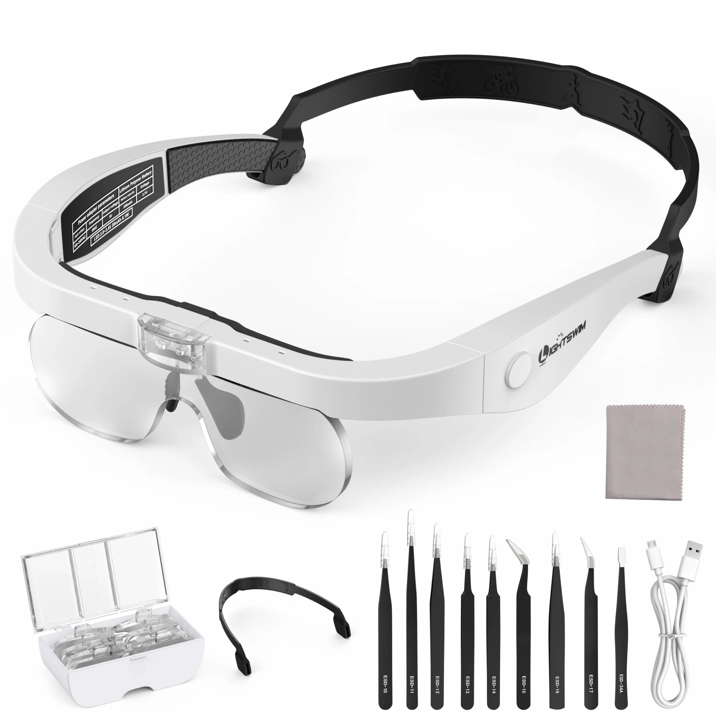 Lupa de cabeza LED, lupa recargable con diadema manos libres con 4 lentes desmontables, gafas de 1.5X-5.0X para trabajos cercanos, manualidades, joyería, lectura