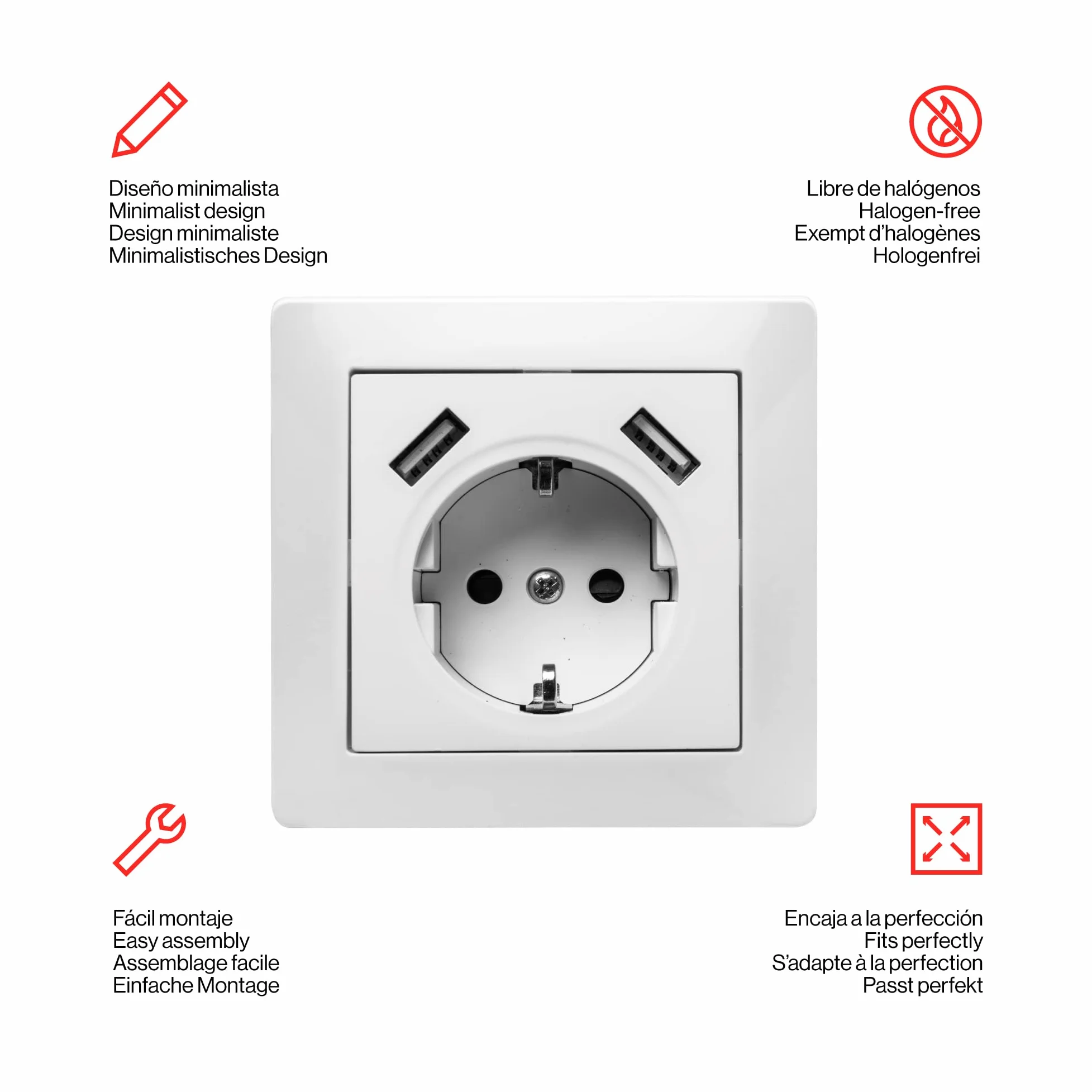 FAMATEL – Base + 2USB | Enchufe de empotrar | Serie Habitat 15 | Fácil instalación | Alta estanqueidad del producto | Protección Infantil | TT | 16A | 250V | Blanco