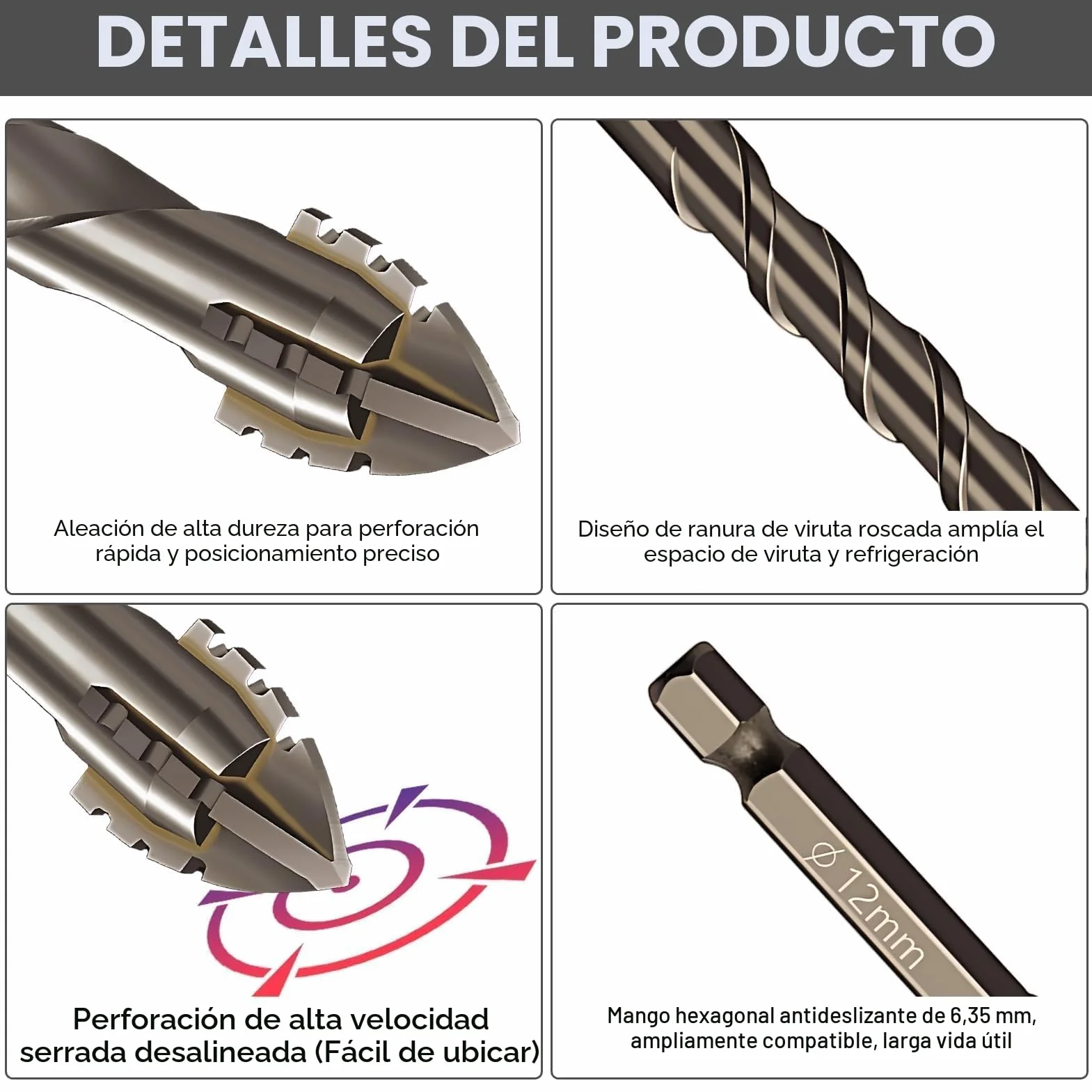 6PCS Brocas Porcelanico, Juego de Brocas Profesional 4/5/ 6/8/ 10/12 mm Broca para Azulejos Aleación de Acero de Tungsteno para Vidrio, Hormigón, Cerámica, Metal, Madera