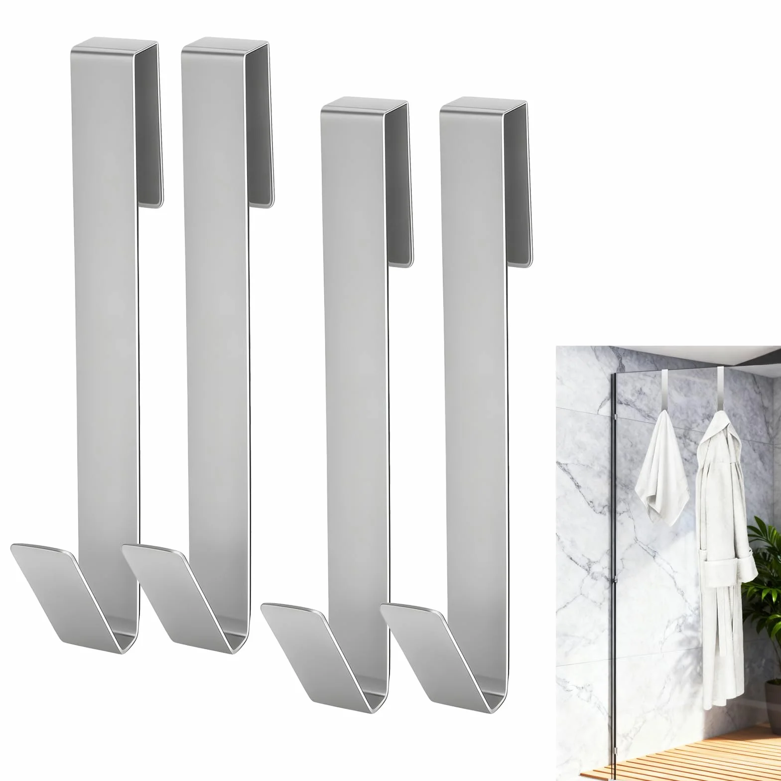 Ganchos de Ducha 4 Piezas en Acero Inoxidable - Porta Toallas para Vidrio sin Perforar, Antideslizante y Resistente, Fácil de Colgar para Baño, Ducha y Cocina para Vidrio hasta 13mm de Espesor