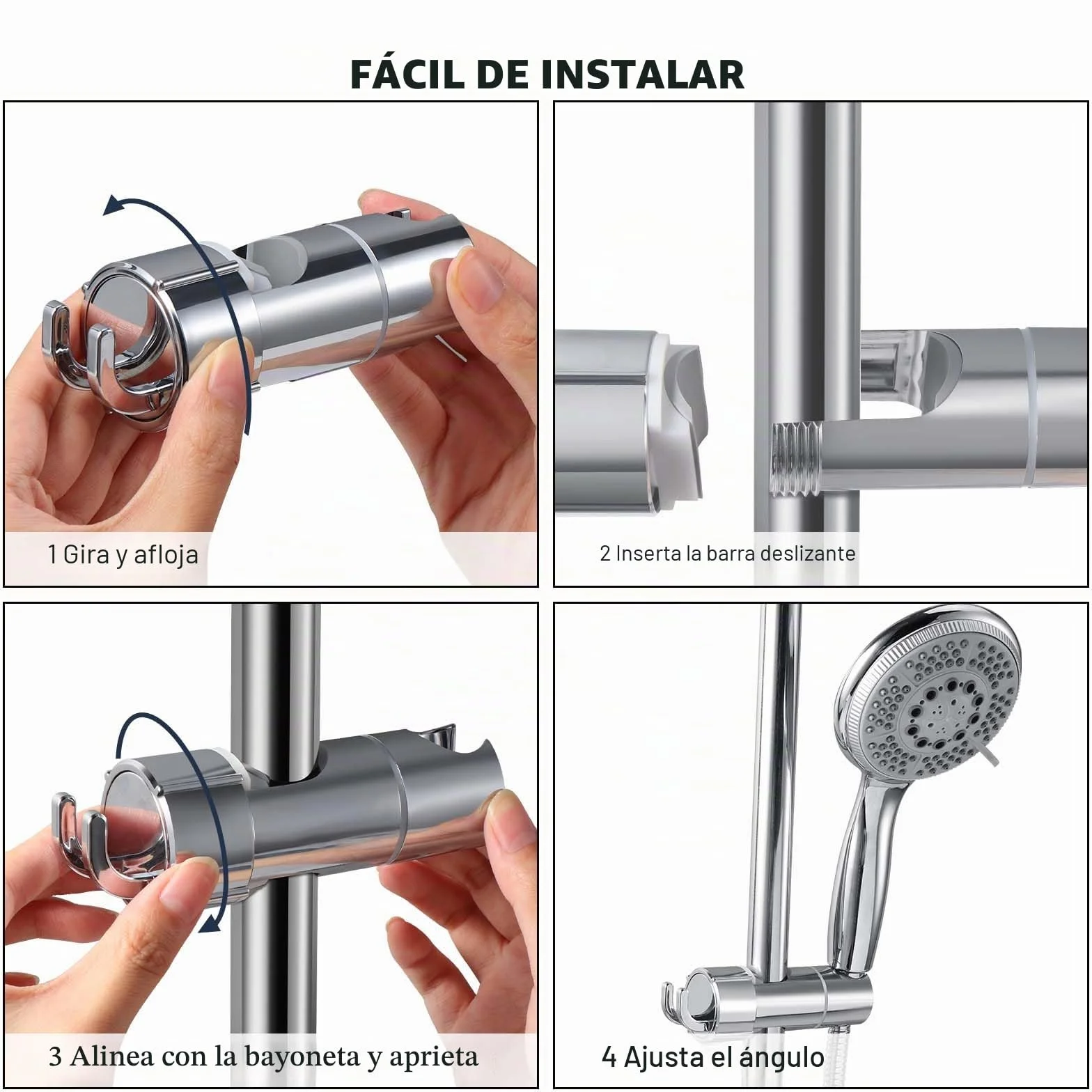 Vinabo Universal Soporte Ducha con 2 Ganchos, Soporte de Ducha, sin perforación, 18-25 mm, diámetro Ajustable, Espaciador Integrado para Proteger la Barra de Ducha