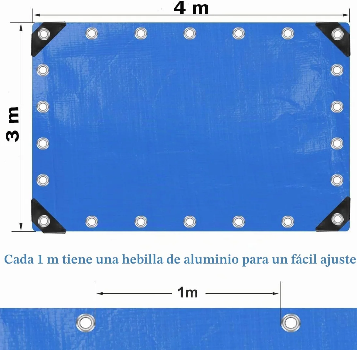 (Azul/Negro, 3x4 250g) Lona Impermeable Exterior - Reforzada - Argollas Antidesgarro - Toldo 100% Impermeable y 100% Protección UV - Cubretodo Múltiples Usos - 3 Capas Laminado Cruzado