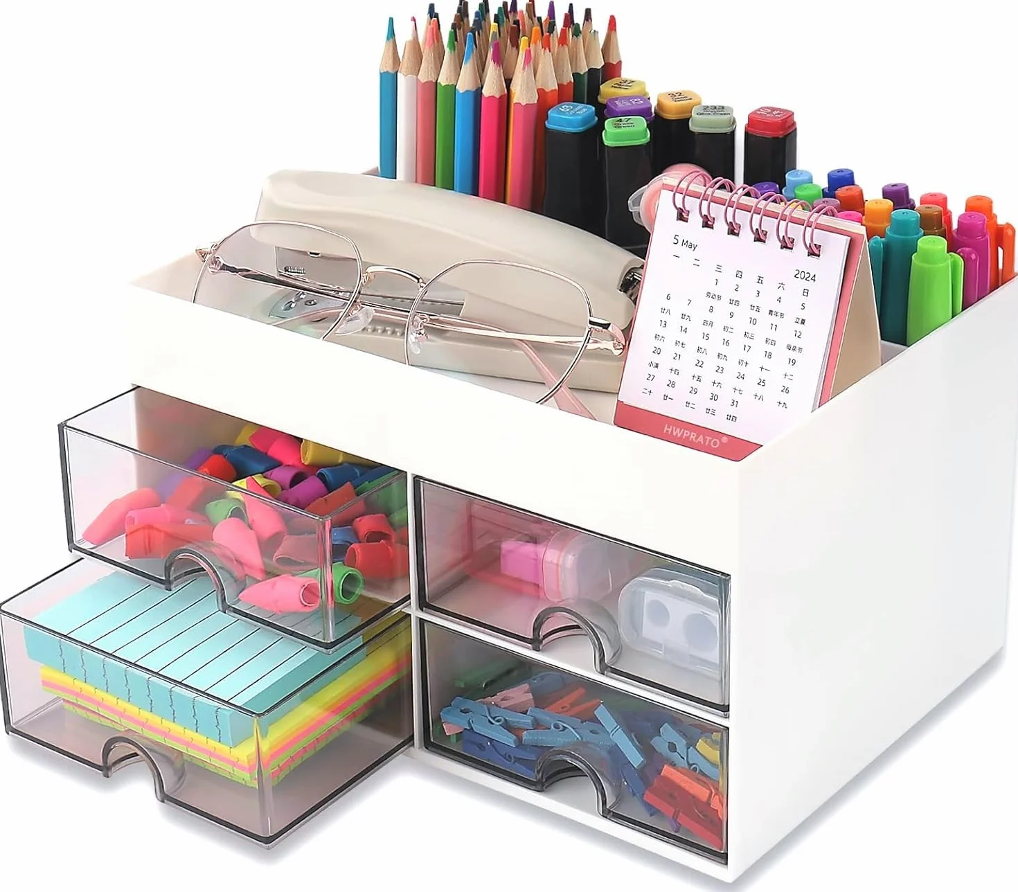 KAHEIGN Organizador de Escritorio 4 Cajones 19CM x 14CM Portalápices Multifuncional Blanco