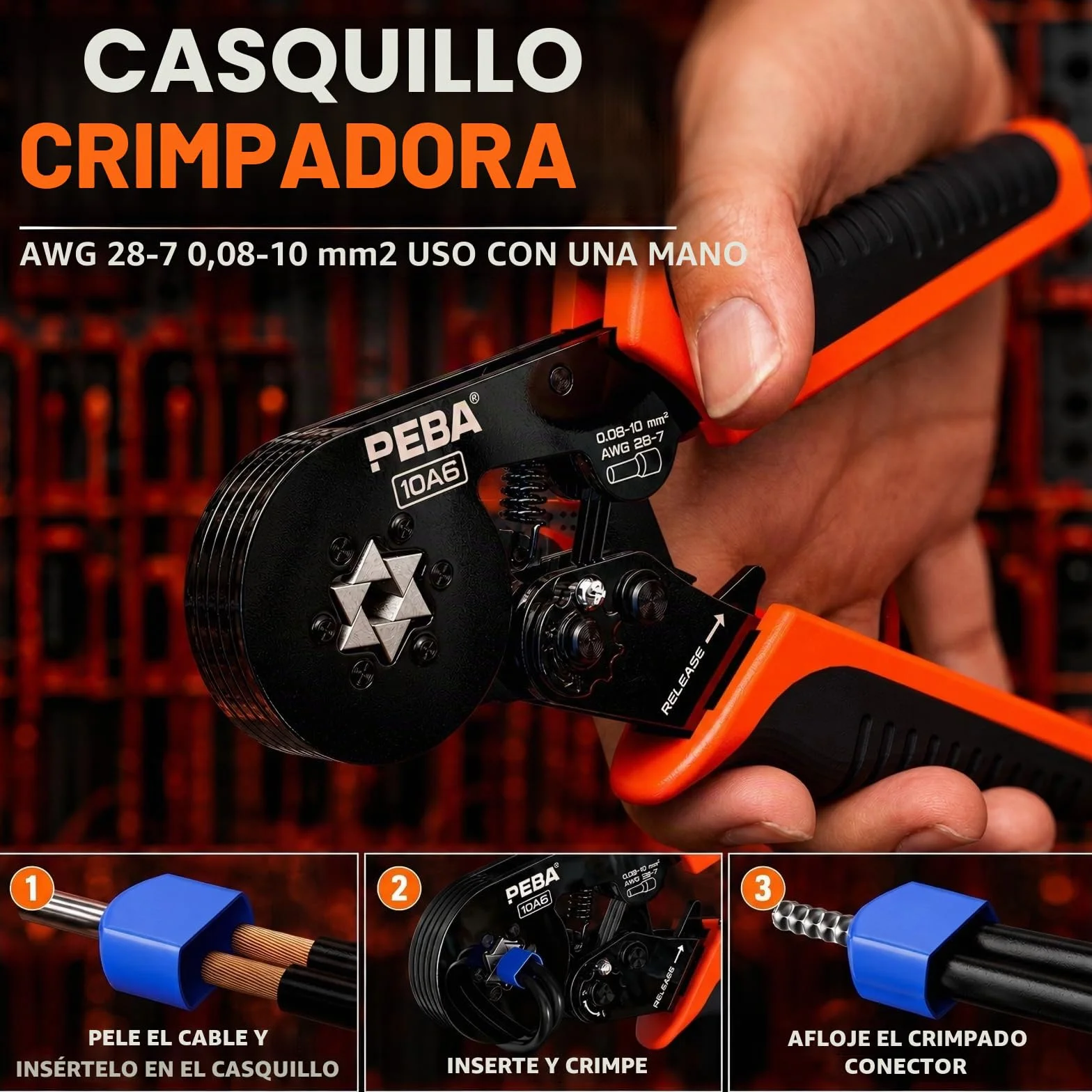 PEBA Kit de Crimpadora Terminales Electricos, Terminales Alicates 0.08-10.00 mm² con 24 clases de Punteras Electricas y Pelacables, Engarzadora de Crimpado Alicates - Hexagonal Crimpadora Terminales