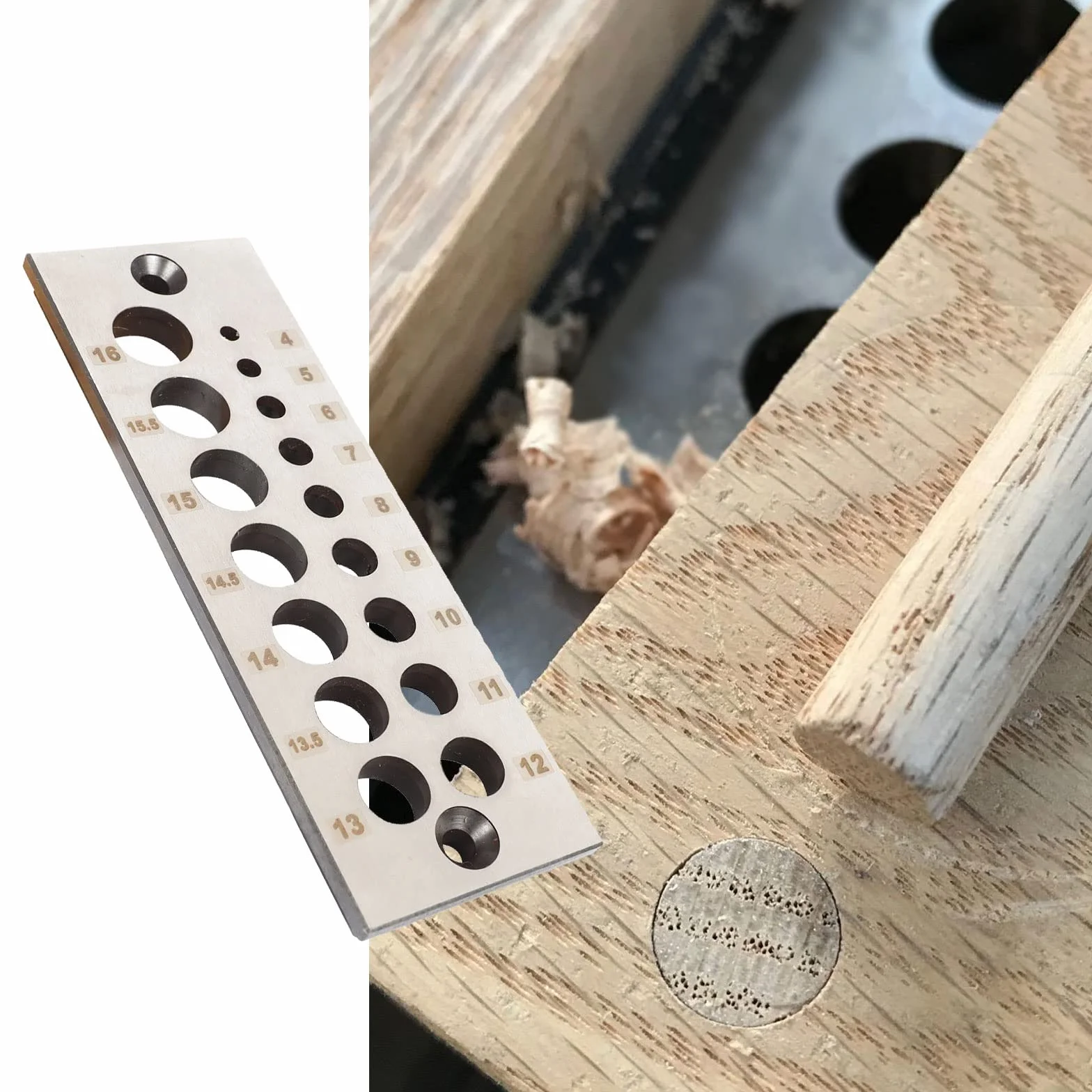 Placa de acero con 16 agujeros, escala métrica, 4 mm-16 mm, disponible para todas las maderas blandas y maderas duras