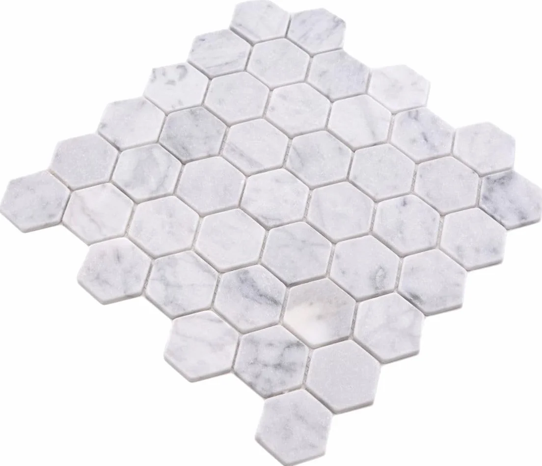Azulejo de mosaico de mármol natural de piedra hexagonal de mármol blanco aspecto Carrara para suelo, pared, baño, ducha, cocina, espejo de azulejos, revestimiento de bañera, placa de mosaico