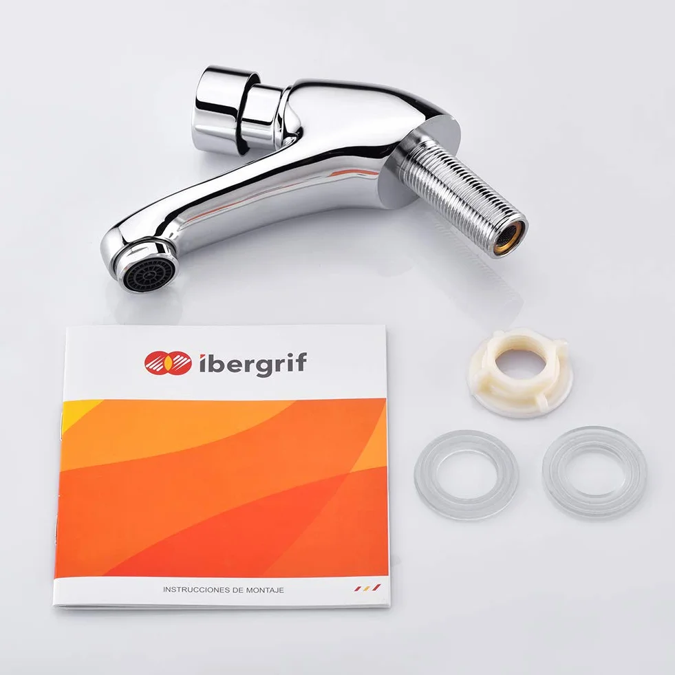 Ibergrif ‎M21901 Grifo de Lavabo Temporizado para Baño de Cocina Pública, Cierre Automático, Ahorro de Agua, Cromo