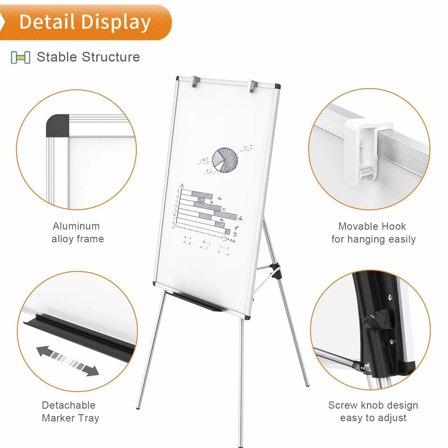 VIZ-PRO Pizarra blanca magnética 90x60 cm con caballete altura ajustable portátil