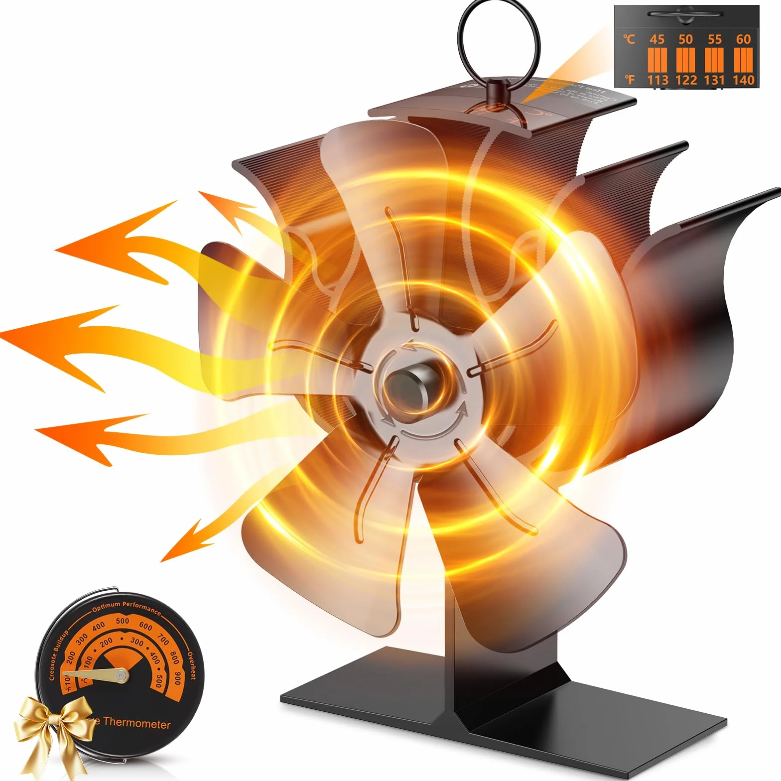 Ventilador de Estufa 5 Aspa, Ventiladores para Chimeneas Ventilador Estufa Leña para, Operación Silencioso Automático Estufas de Leña Ventilador Circulación de Aire Caliente Con Termómetro