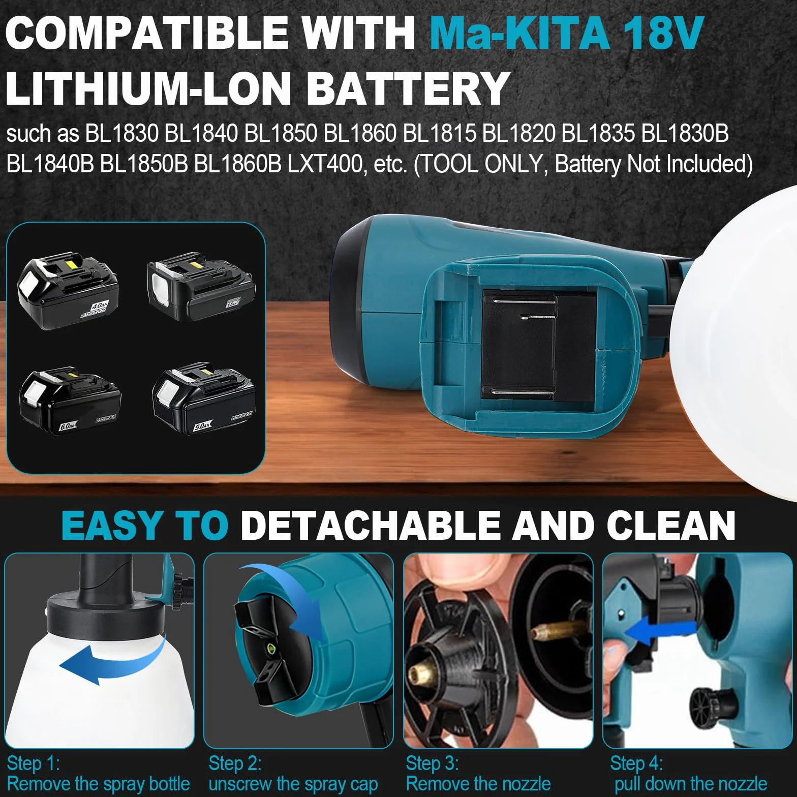 Pulverizador de pintura inalámbrico compatible con batería Makita de 18 V, pistola eléctrica de mano con 4 boquillas, 3 patrones de pulverización, recipiente de 1000 ml, para paredes y muebles