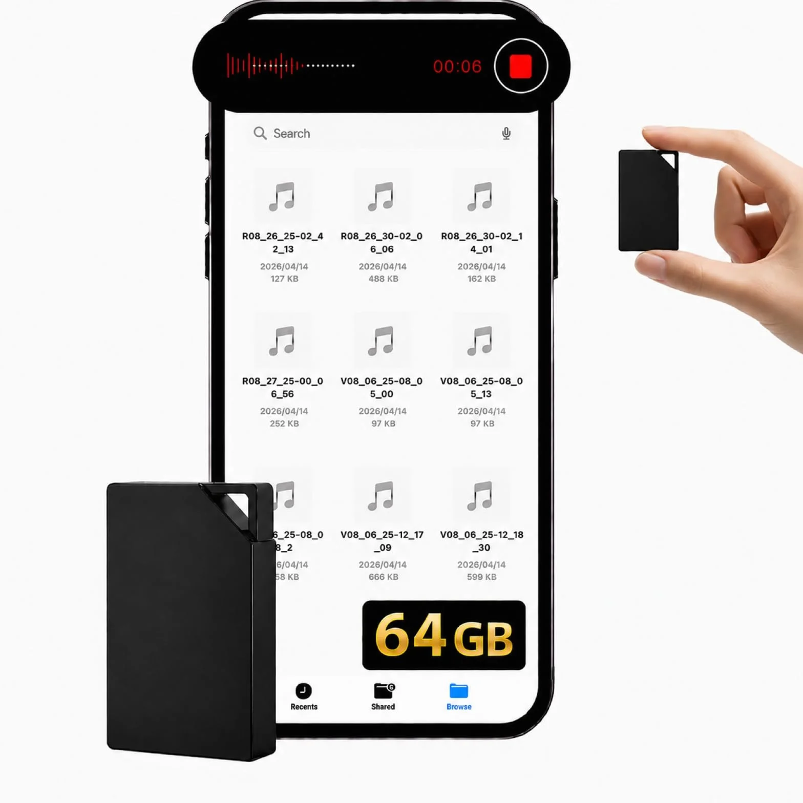 Mini Grabadora de Voz Espía Oculta 64GB DSP 5.0 Reducción de Ruido Activación por Voz Audio HD
