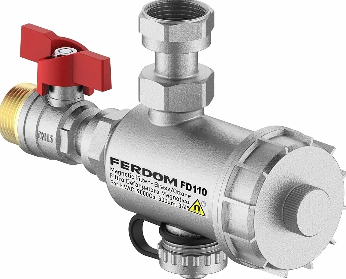 Ferdom FD110 Filtro Magnético Sistemas De Calefacción. Montaje Debajo De Calderas De Pared. Con Separador De Suciedad No Magnético. Compact, Fácil De Colocar. Imán 9000gs, Filtro De Malla 1000 Micras.