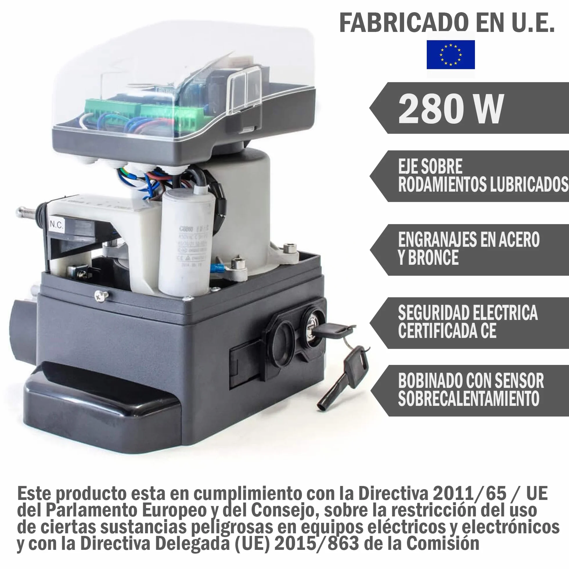 Kit completo Motorline Bravo 500 motor corredera profesional para automatizar puertas y cancelas correderas de hasta 500 kg de peso, con accesorios de calidad profesional y manual en español.