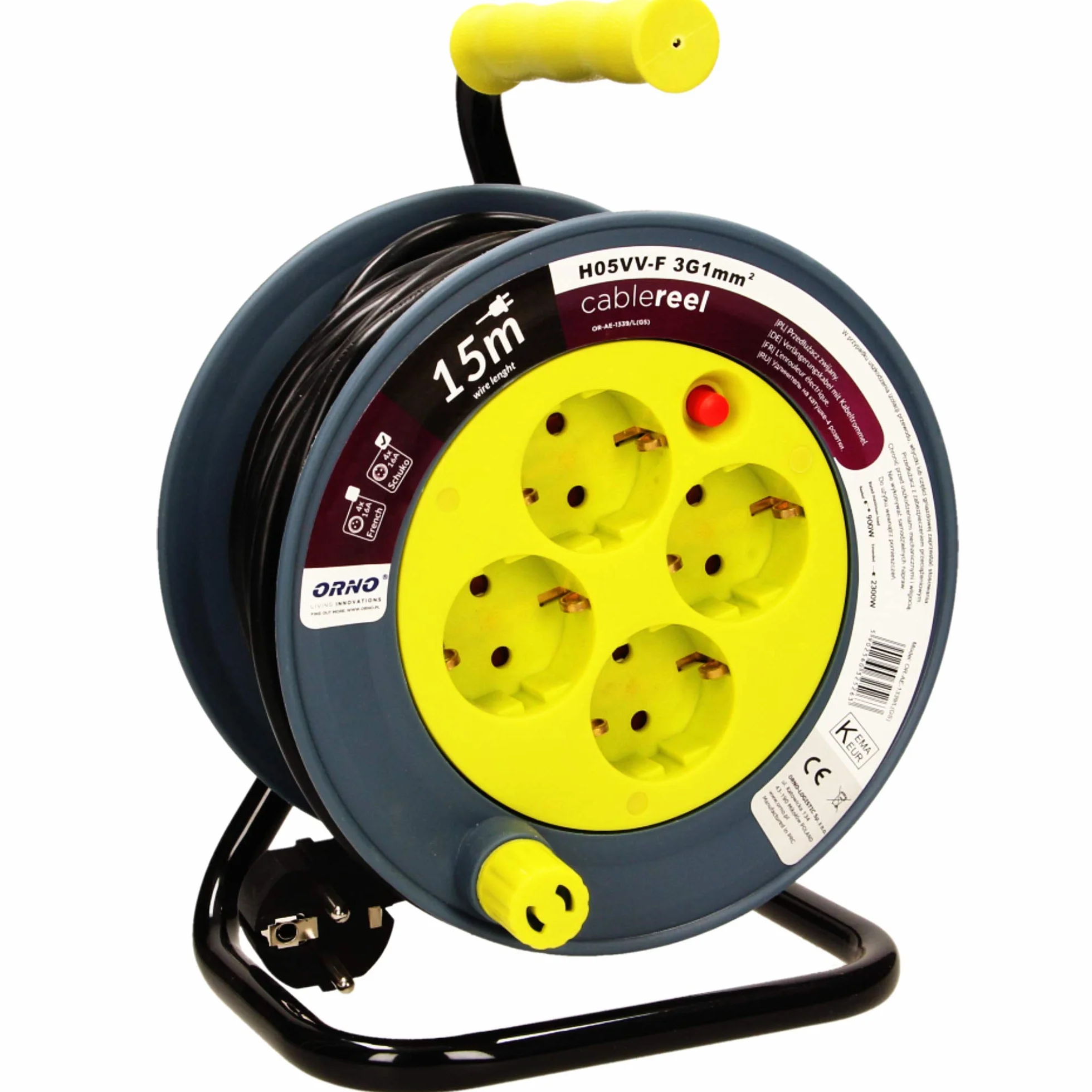 Orno AE-1339 Mini Tambor De Cable 15m con 4 tomas de corriente, soporte de metal y protección térmica (Amarillo)