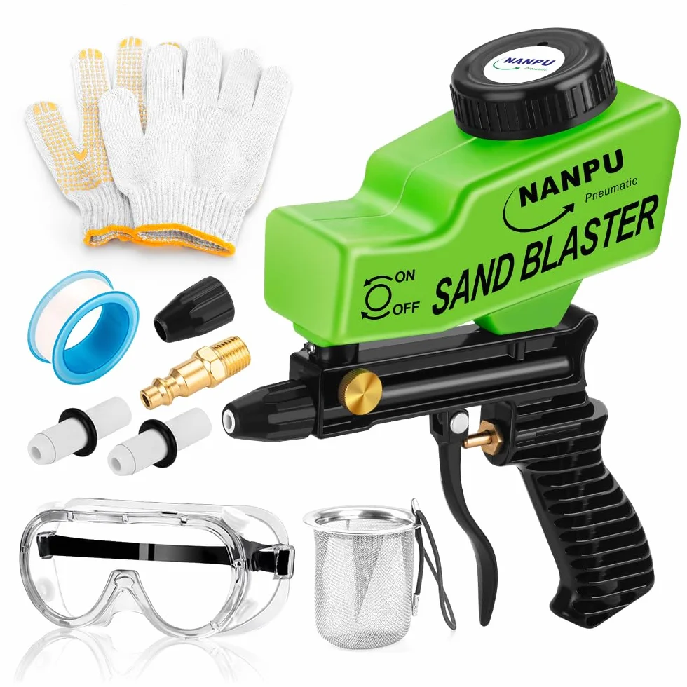 NANPU Kit de pistola de chorro de arena de aire ligero con alimentación por gravedad, boquilla de metal, cuerpo de plástico, para preparación de superficies de proyectos pequeños, eliminación de