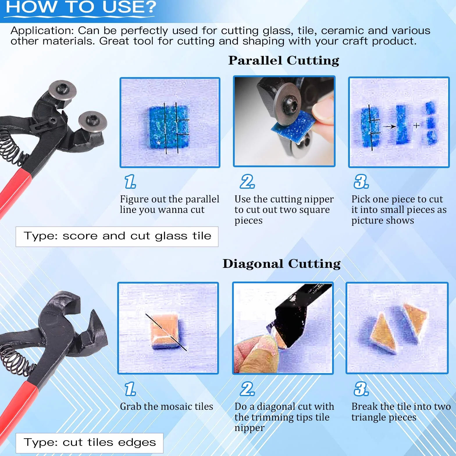Glarks Juego de 12 herramientas de mosaico, pinzas de vidrio con ruedas resistentes y alicates cortadores de azulejos con 10 limas de aguja de alta resistencia