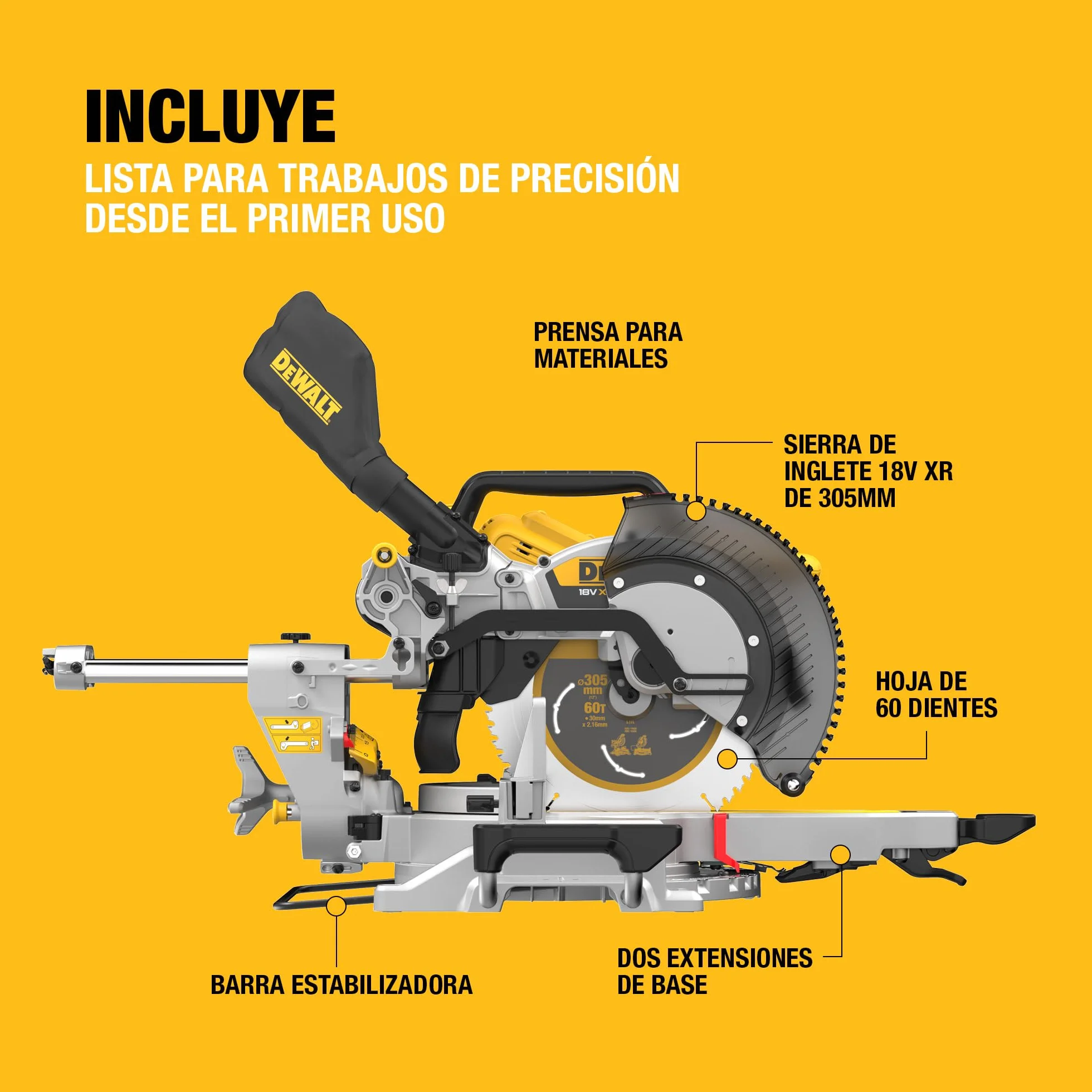 DEWALT Tronzadora 18V XR 305mm. Corte de alta capacidad y precisión con motor sin escobillas, control avanzado del polvo y compatibilidad con la batería XR, sólo herramienta, DCS782N-XJ