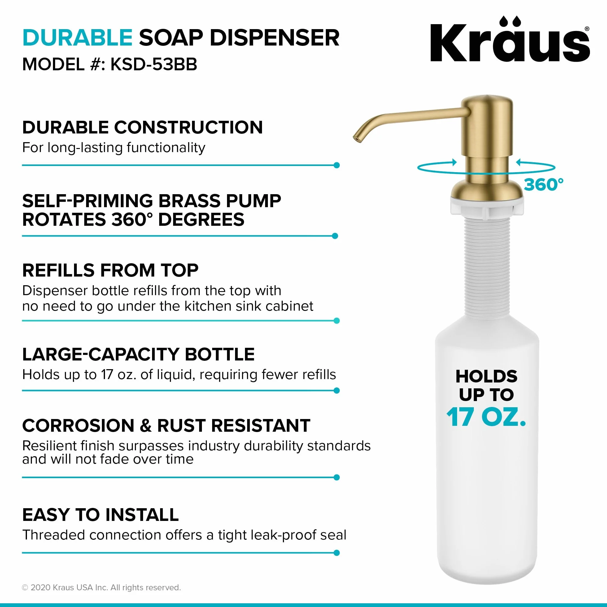 Kraus KSD-53BB Dispensador de jabón y loción para Cocina, latón Cepillado