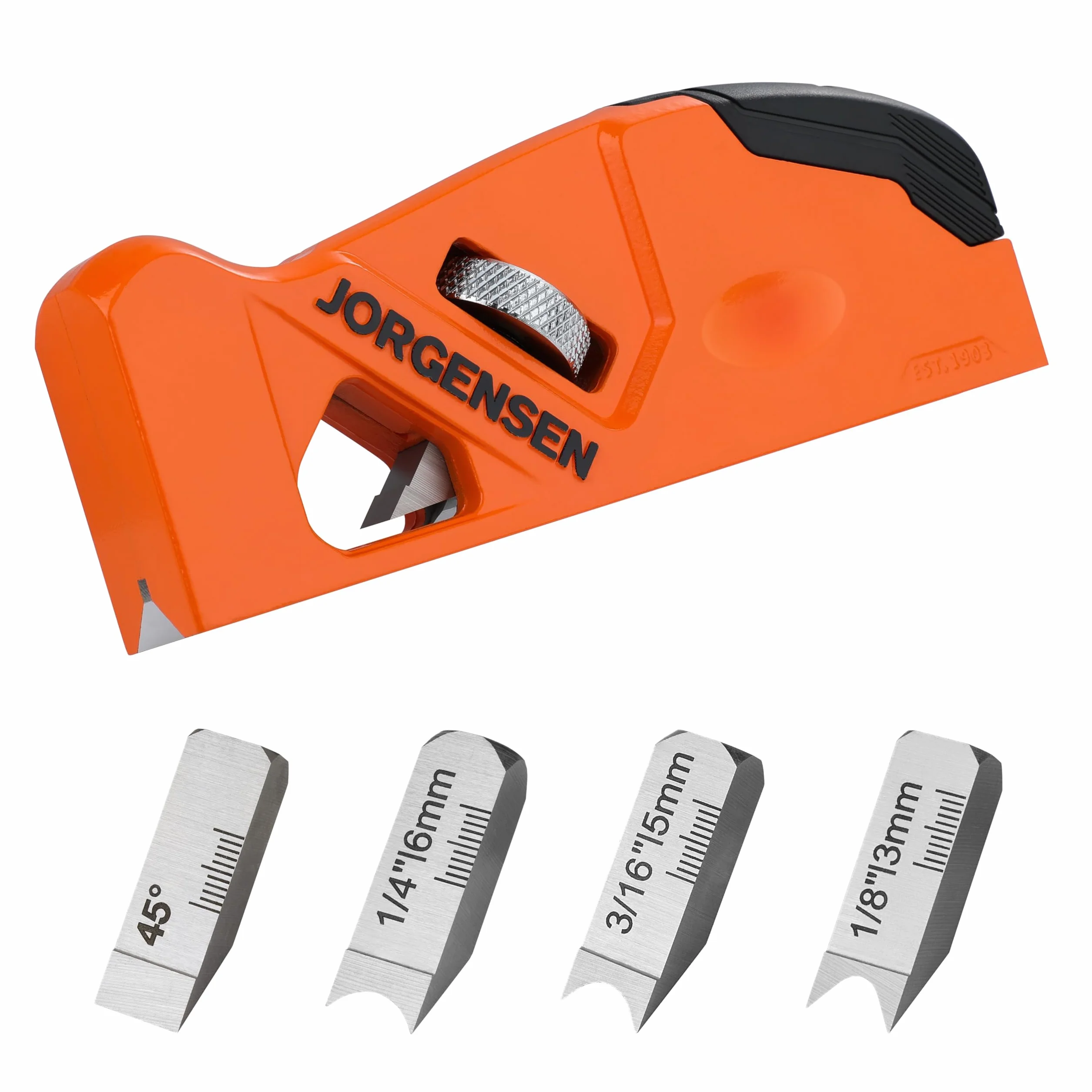 JORGENSEN Plano de chaflán para carpintería, herramienta de aplanamiento de esquinas de bordes para madera, cepilladora manual manual de 45° con 4 cabezales de corte para un recorte rápido de madera