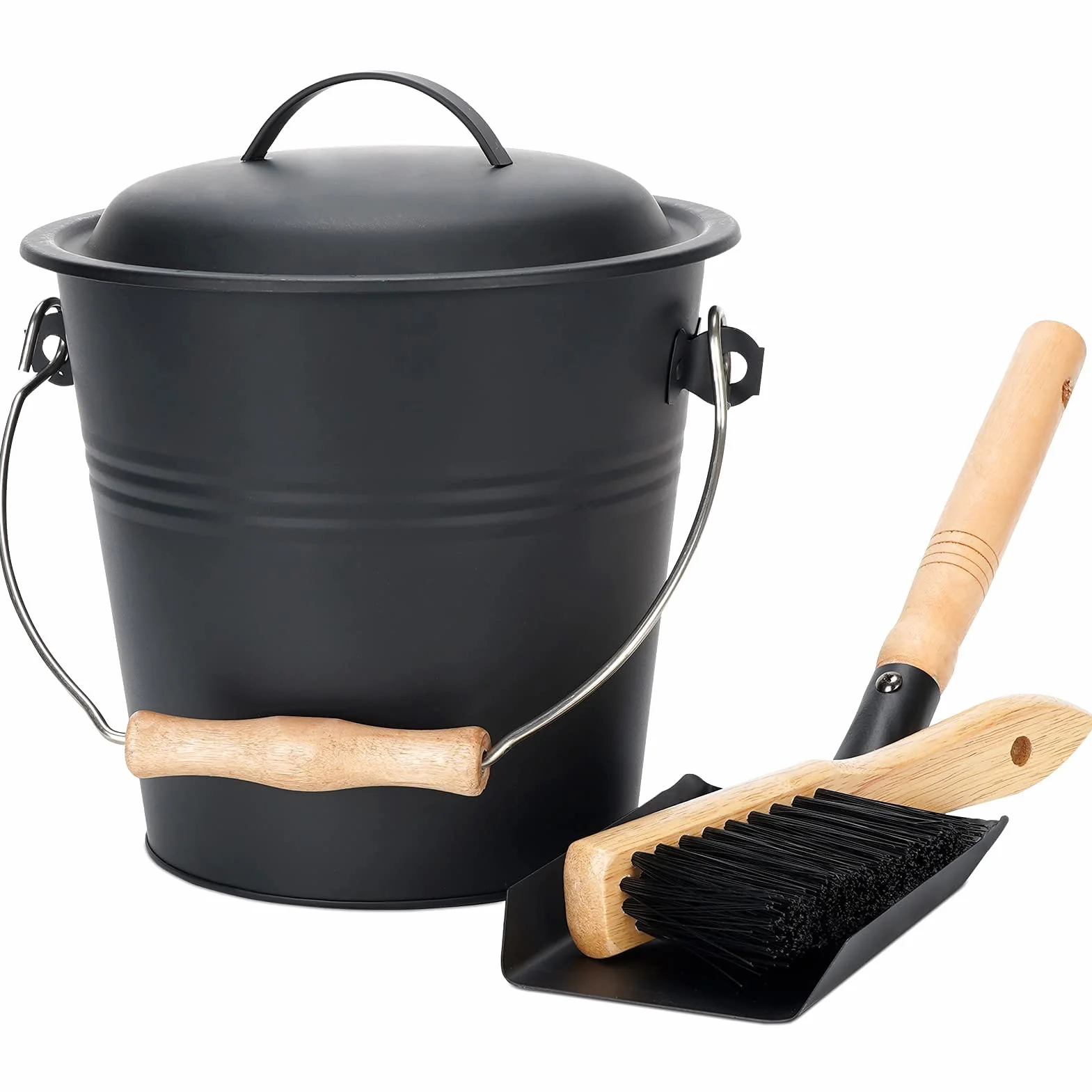 Cubo de cenizas de metal de 1.5 galones con tapa, pala, escoba, para chimeneas, estufas de leña