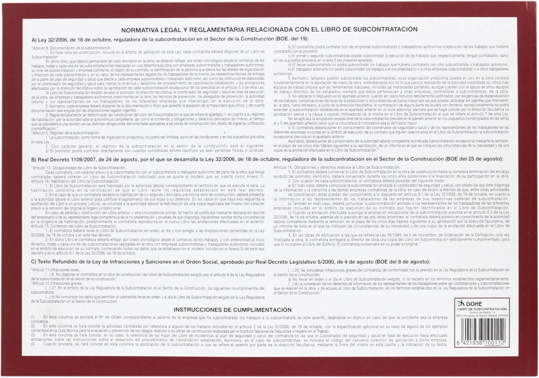 Libro de subcontratación A4 apaisado 10 hojas numeradas autocopiativas Material de oficina