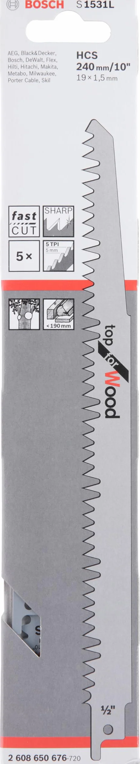 Bosch Professional Hojas de Sierra Sable S 1531 L, Set de 5 Piezas, 240 mm