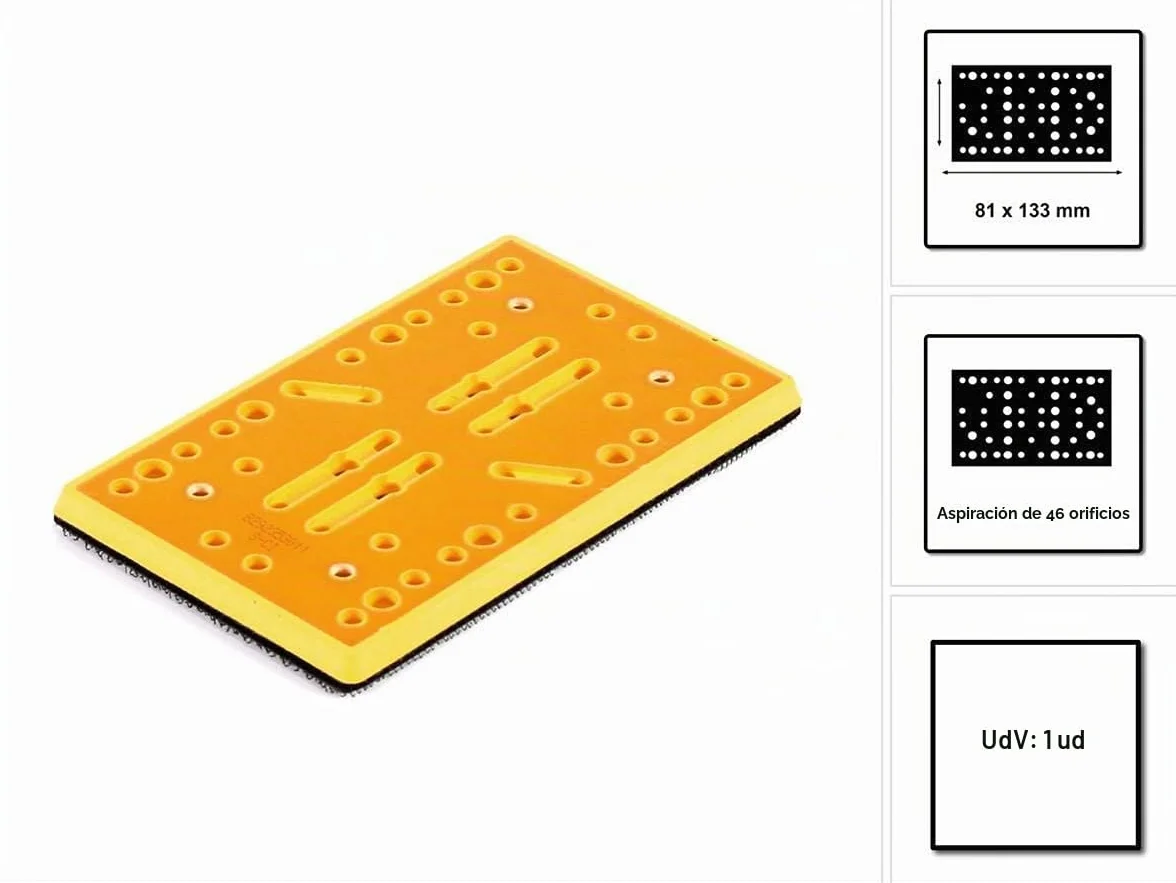 Mirka Plato para malla 81x133 mm cierre adhesivo 46 agujeros DEOS | Grado de dureza medio con almohadilla protectora cierre adhesivo compatible con lijadoras orbitales Mirka DEOS II 353