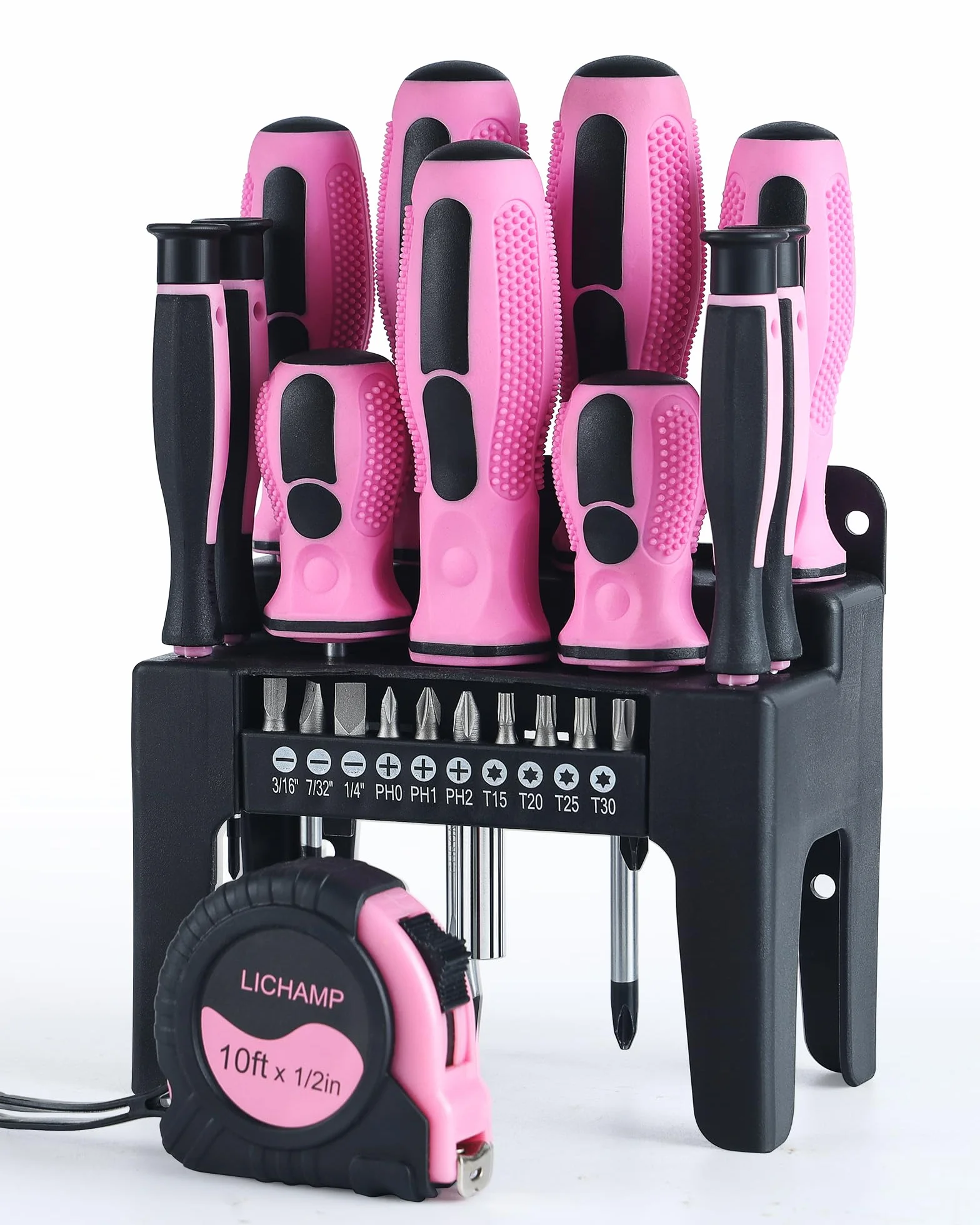 Lichamp Juego de 22 herramientas rosas, juego de destornilladores magnéticos pequeños para mujer con cinta métrica de 10 pies, color rosa