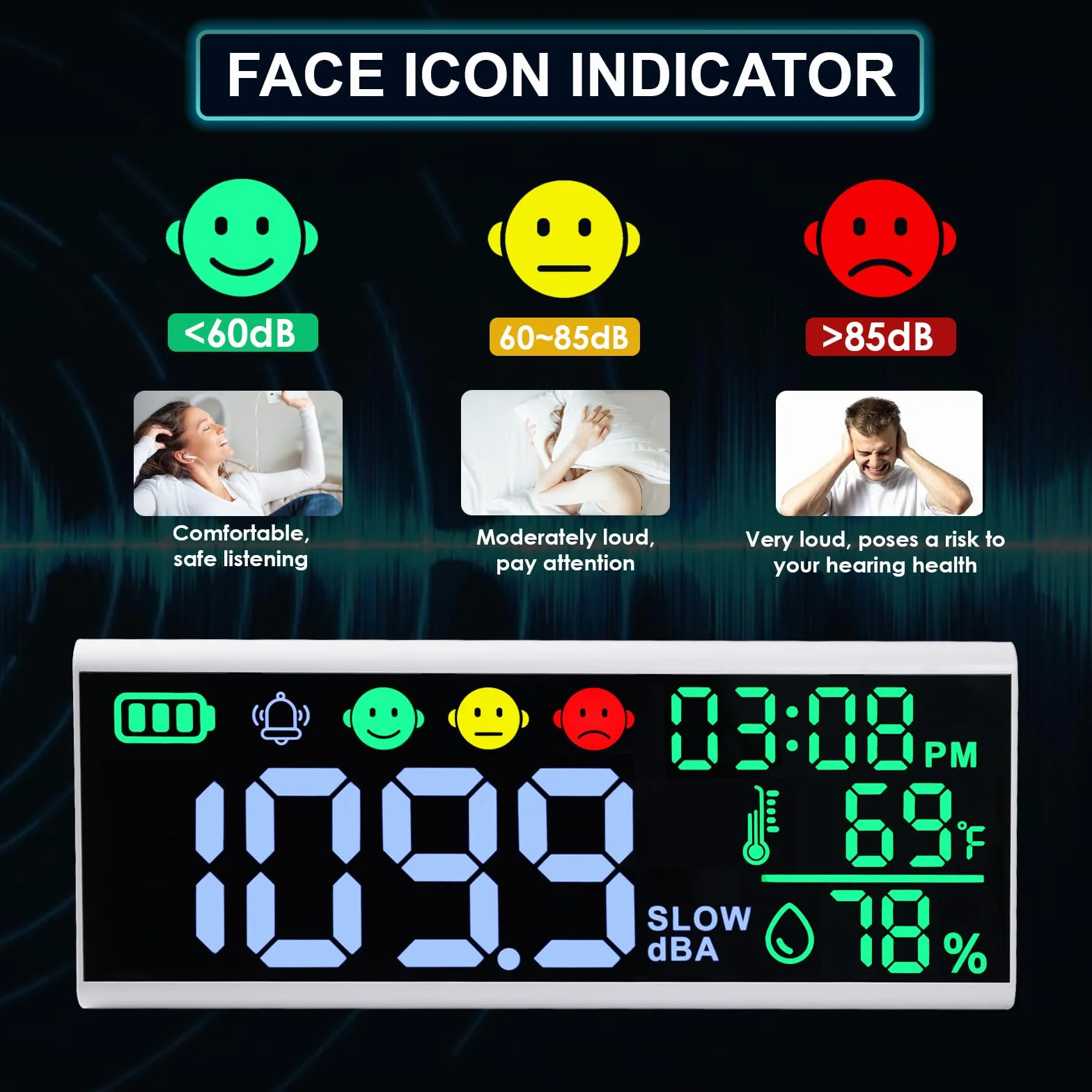 Medidor de nivel de sonido montado en pared y escritorio con indicador de iconos de alarma de zumbador