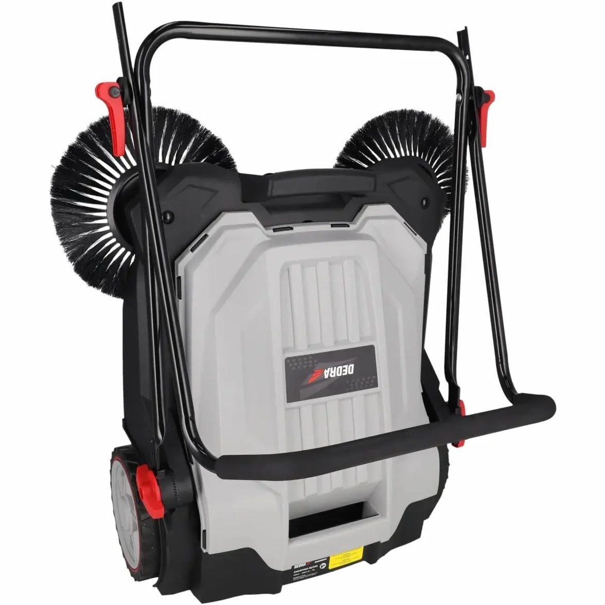 DEDRA Barredora de mano, 3 cepillos, 650 mm de ancho, depósito de 18 l, capacidad: 2600 m2/hora, manillar ajustable, ruedas resistentes, mango ergonómico