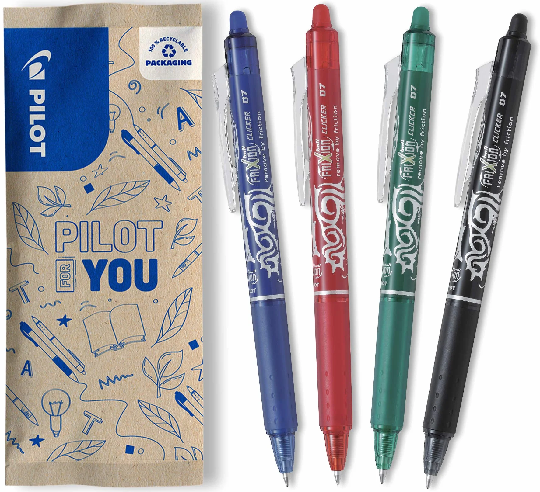 PILOT FriXion Ball Clicker 07 Pack 4 Bolígrafos Borrables Tinta Termosensible Roller Retráctil Recargable Negro Azul Rojo Verde Punta Media