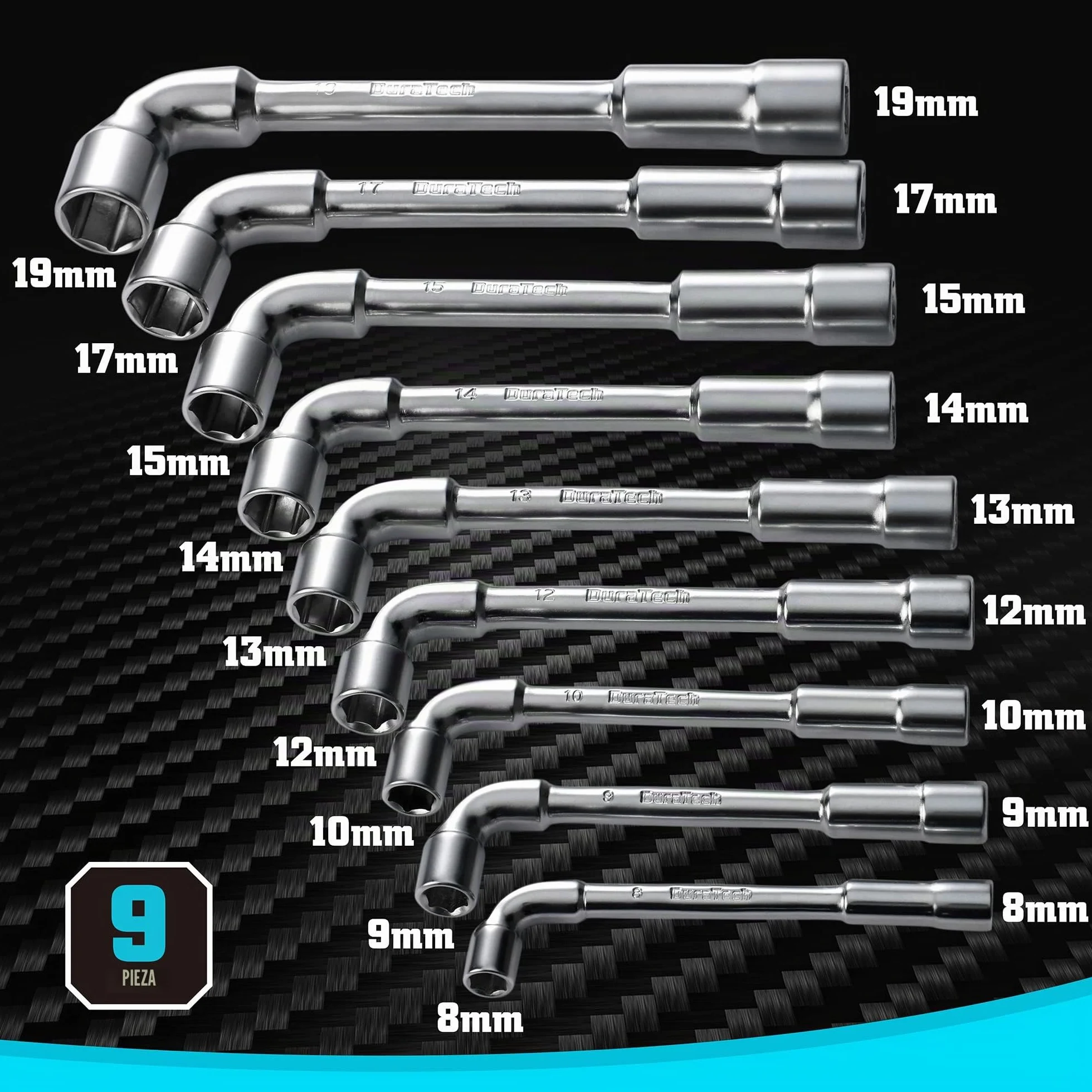 DURATECH Juego de llaves de codo de perforación de tubería tipo L, juego de llaves hexagonales en forma de L, métricas, 9 piezas, 8-19 mm, acero de aleación cromada, 6 puntos, con bolsa rodante