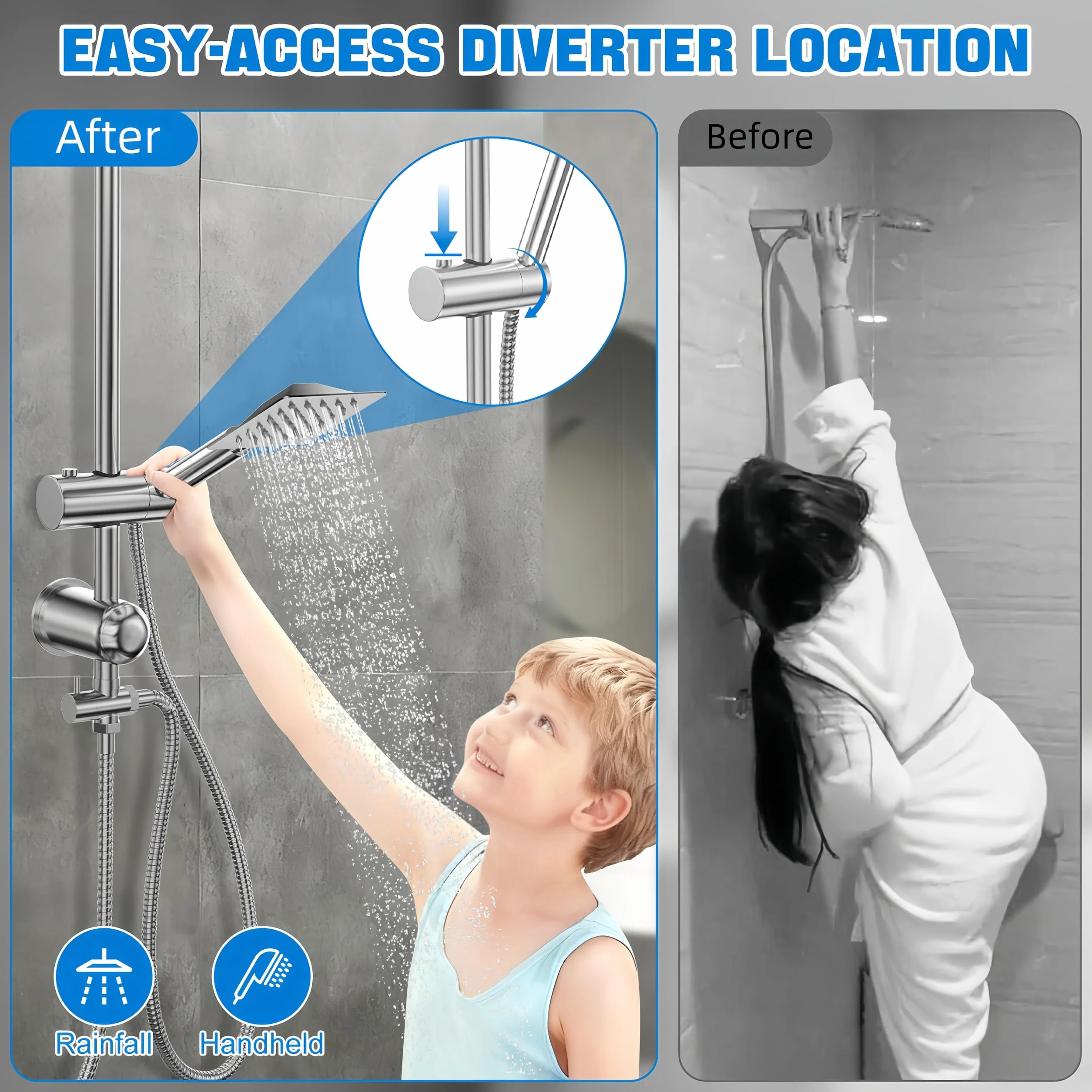 Columna Ducha Completa Acero Inoxidable Cromado Cabezal Lluvia 30x30 cm Soporte Ajustable