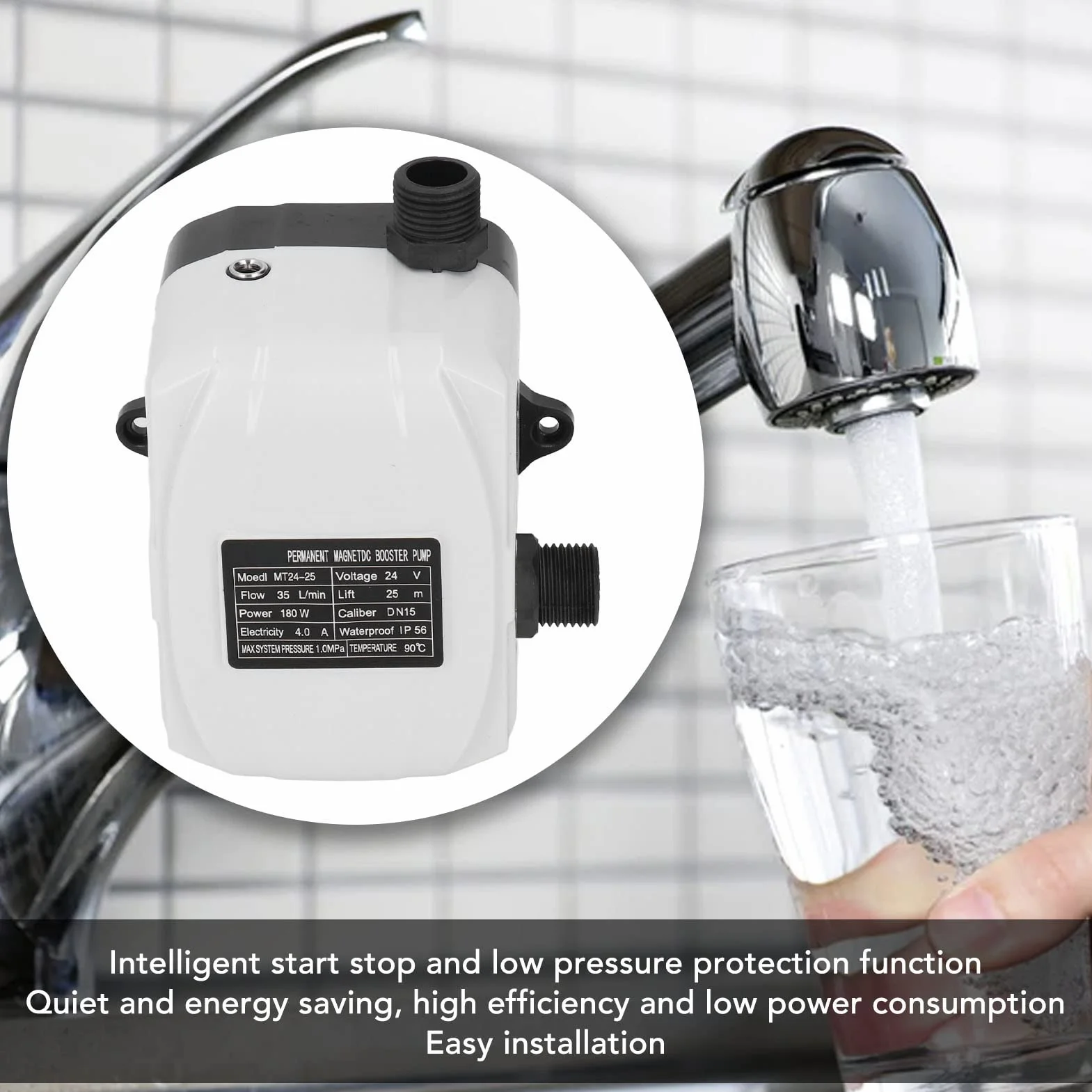 Bomba de Refuerzo Automática 35L/min DC24V 180W DN15 IP56 ABS
