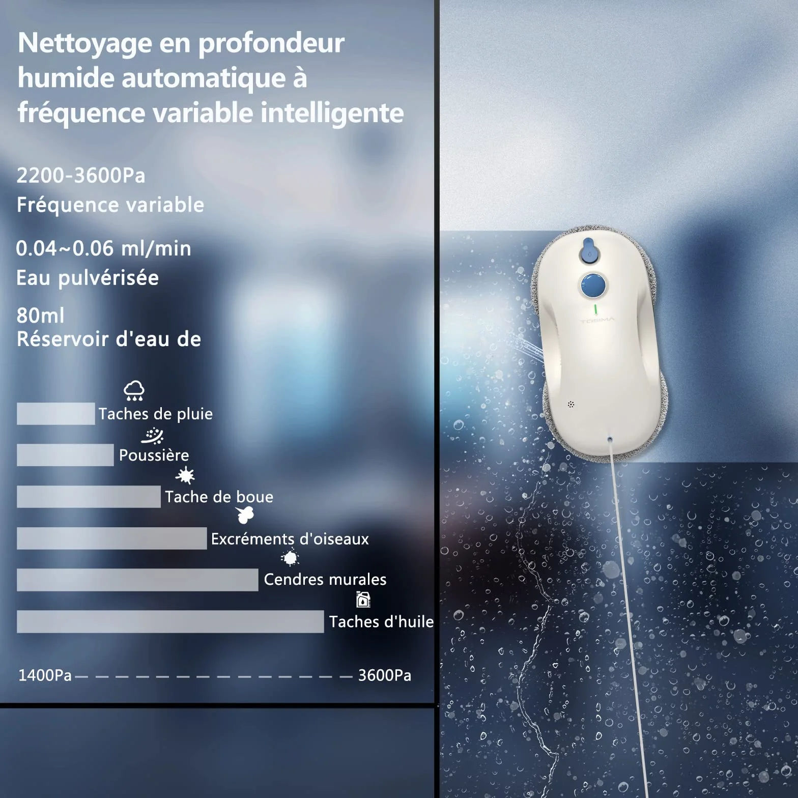 Tosima Robot Limpiacristales, Robot Limpieza de Ventanas Electrico, Sistema de Seguridad, Navegación Inteligente, Control Remoto, para Todas Las Superficies Lisas, con 12 Trapo (W3, White)