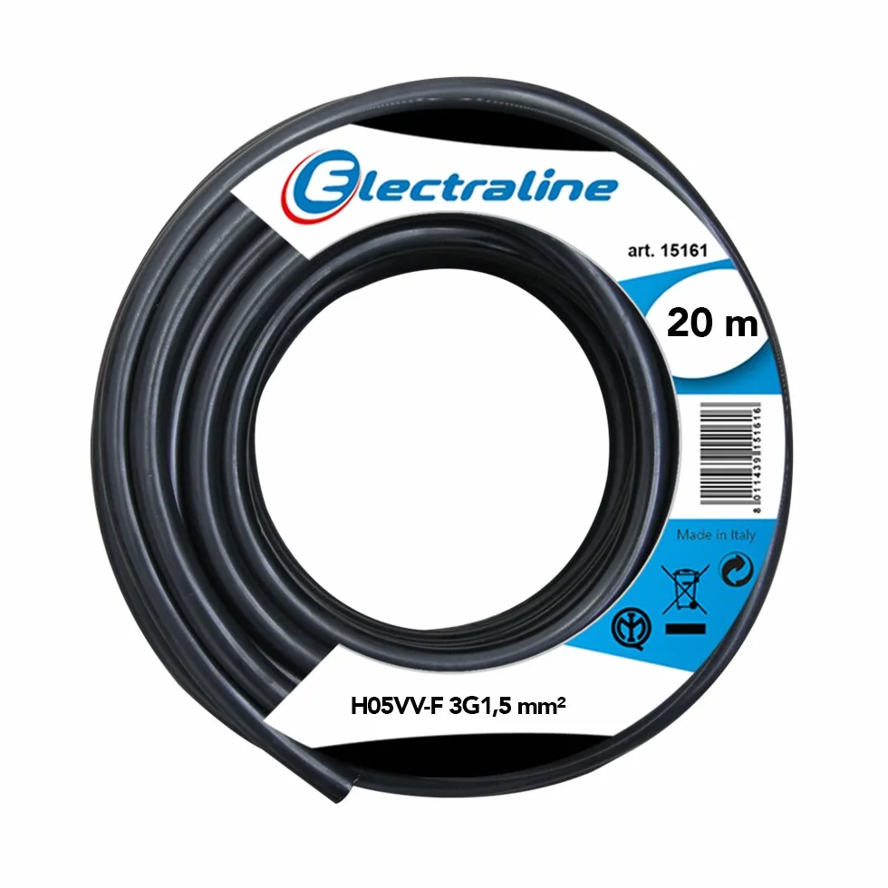 Electraline 11765, Cable para Extensiones H05VV-F, Sección 3G1.5 mm, 20 m, Negro