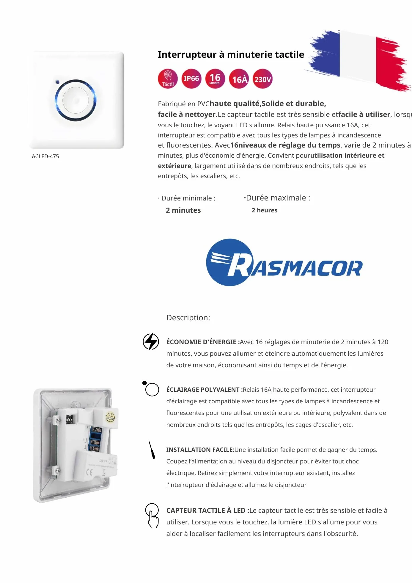 RASMACOR | Interruptor Temporizador Táctil LED de Pared IP66 | para Uso en Exteriores e Interiores | 16 Niveles de Ajuste de Tiempo 16A 230V | Entre 2 y 120 Minutos | Facil Instalacion (Blanco)