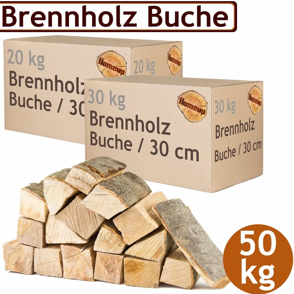 Leña Madera 50 kg para Estufa y Chimenea Brasero Parrilla Cesta de Fuego Troncos de Madera de Haya 30 cm Flameup
