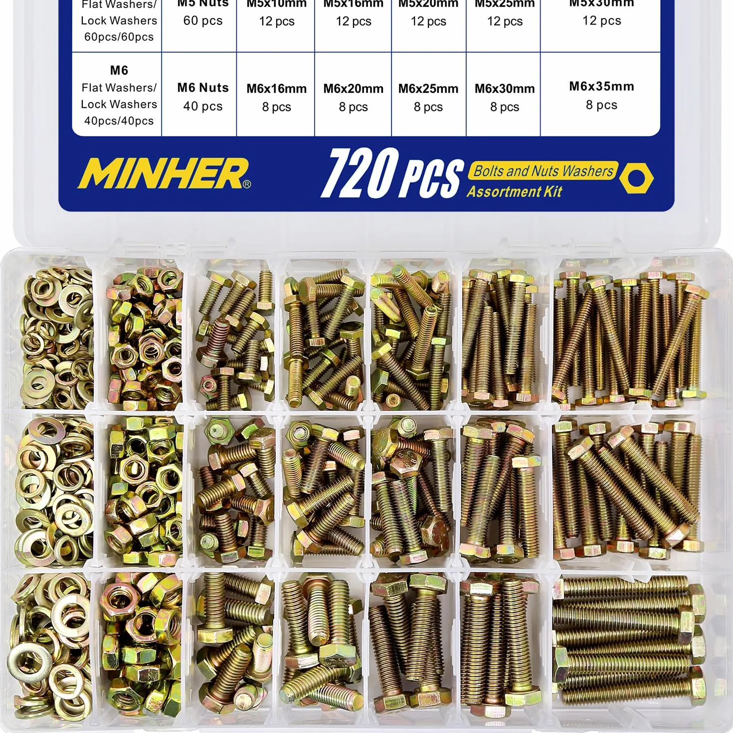 M4 M5 M6 720 Piezas de Tornillos Hexagonales y Juego de Tuercas y Arandelas, Acero Aleado Galvanizado de Grado 8,8