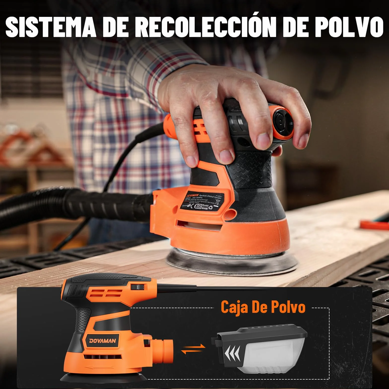 DOVAMAN ROS01A 350W Lijadora Orbital, 6 Velocidades, 13000 RPM, 12 Hojas de Papel de Lija, Disco de 125 mm, Recogida de Polvo, Lijadora Eléctrica Ideal para Superficies de Madera y Acero