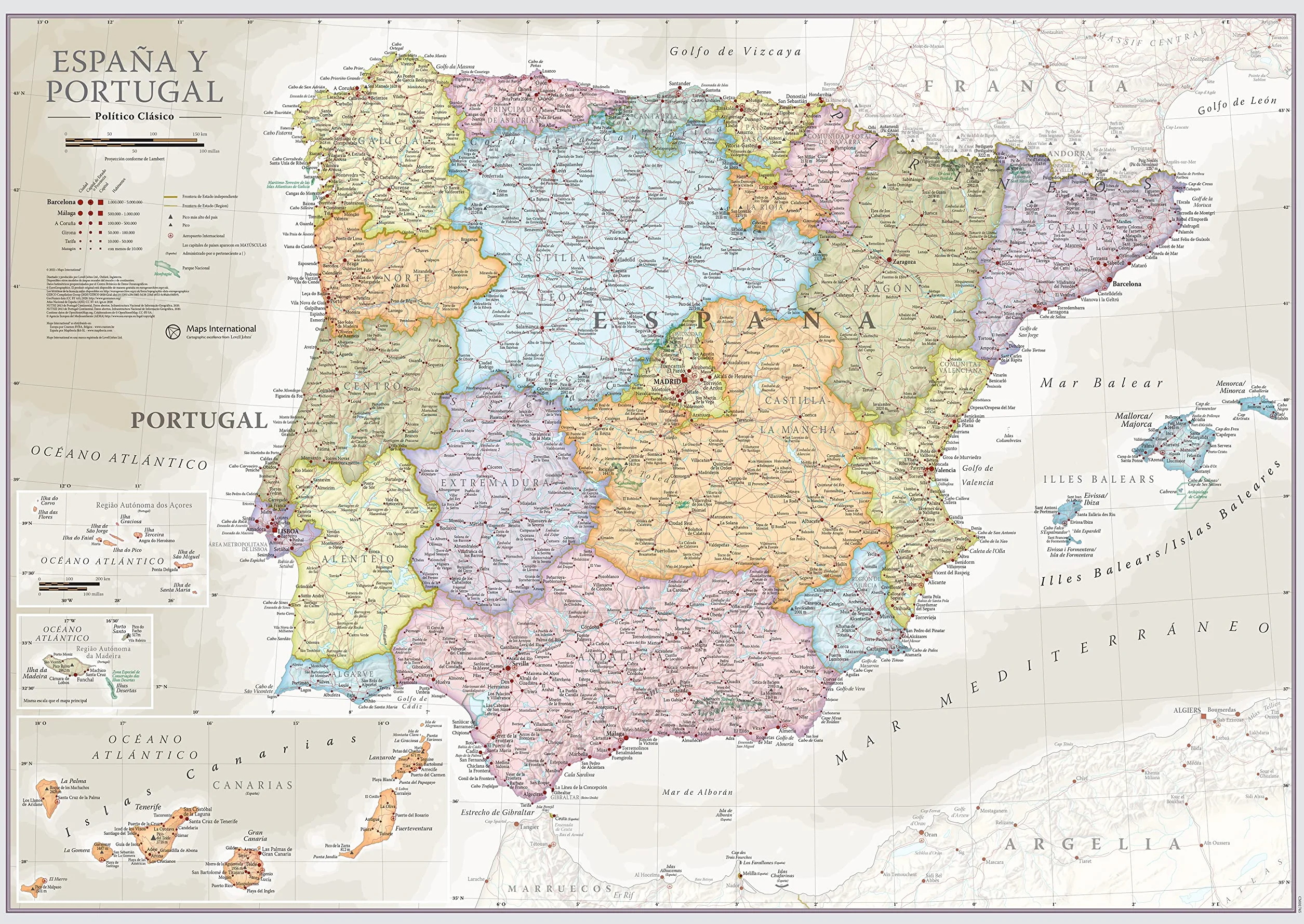 Póster del Mapa Mundi + REGALADO: Un Mapa de España y Portugal | Diseñando Mapas para 50 años | Maps International - Detalles Cartográficos |Colores clásicos