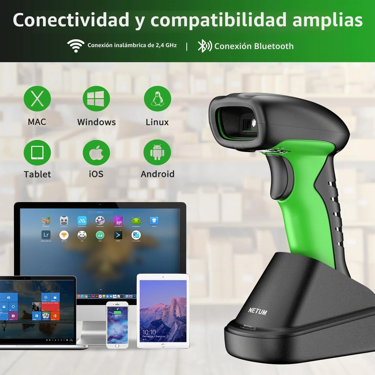 NETUM Escáner de Código de Barras Industrial 2D Bluetooth NT-1950 Lector Inalámbrico 1D 2D 2600mAh