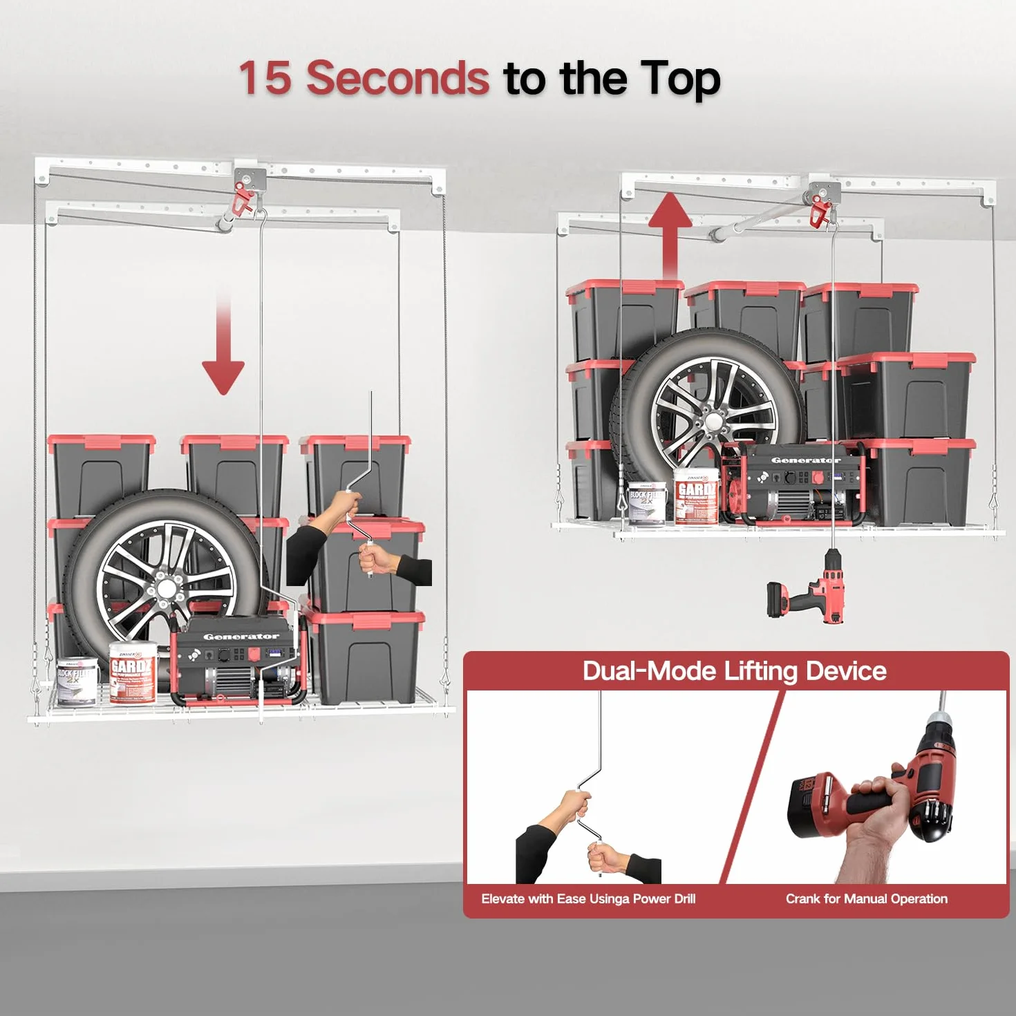 Elevador de almacenamiento de techo de 4 x 4 pies, sistema de almacenamiento de garaje montado de alta resistencia, capacidad de 250 libras (blanco)