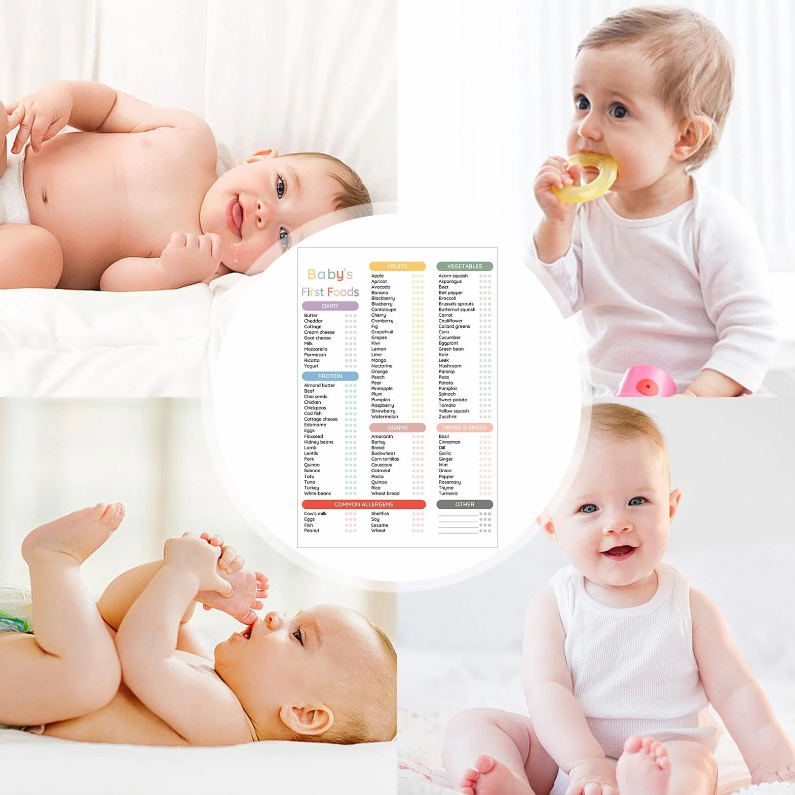 Pizarra magnética borrable de alimentos para bebés – 101 alimentos antes de 1 lista de comprobación