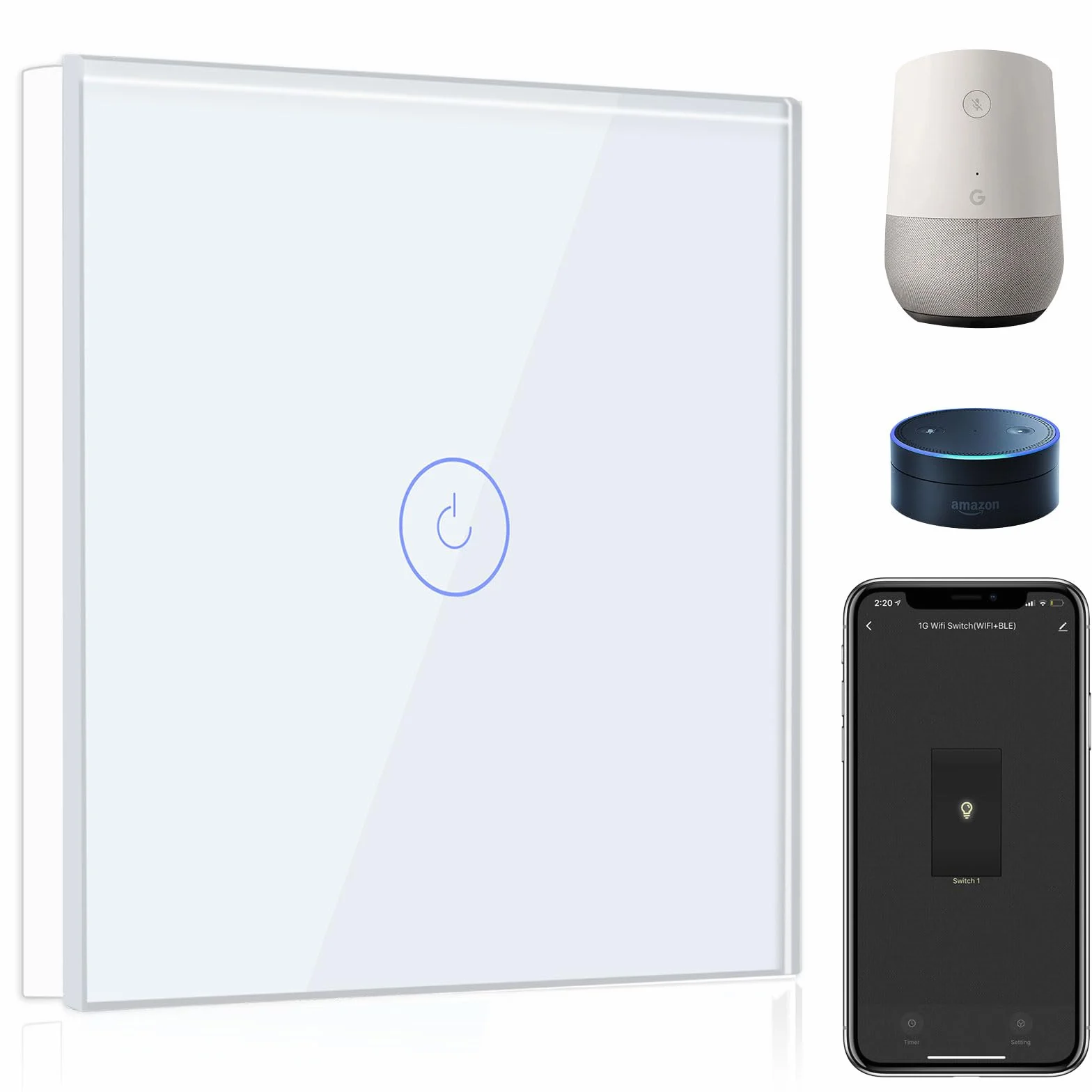 BSEED Interruptor de Pared WiFi,Interruptor Inteligente 1 Gang 1 Vía con Pantalla Táctil Blanco,Compatible con Alexa, Google Home, Control de APP y Función de Temporizador【Se necesita Neutro】