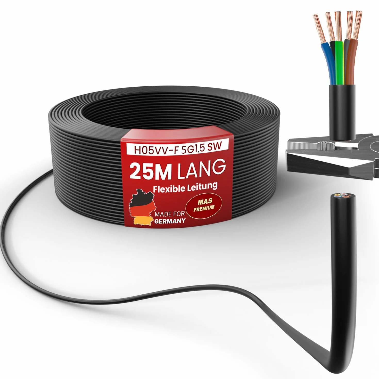 MAS Premium De 5 a 100 m de manguera de plástico H05VV-F 2, 3, 4 o 5 x 0,75; x1; x1,5 o x2,5 cable flexible (H05VV-F 5G1,5 SW, 25 m)